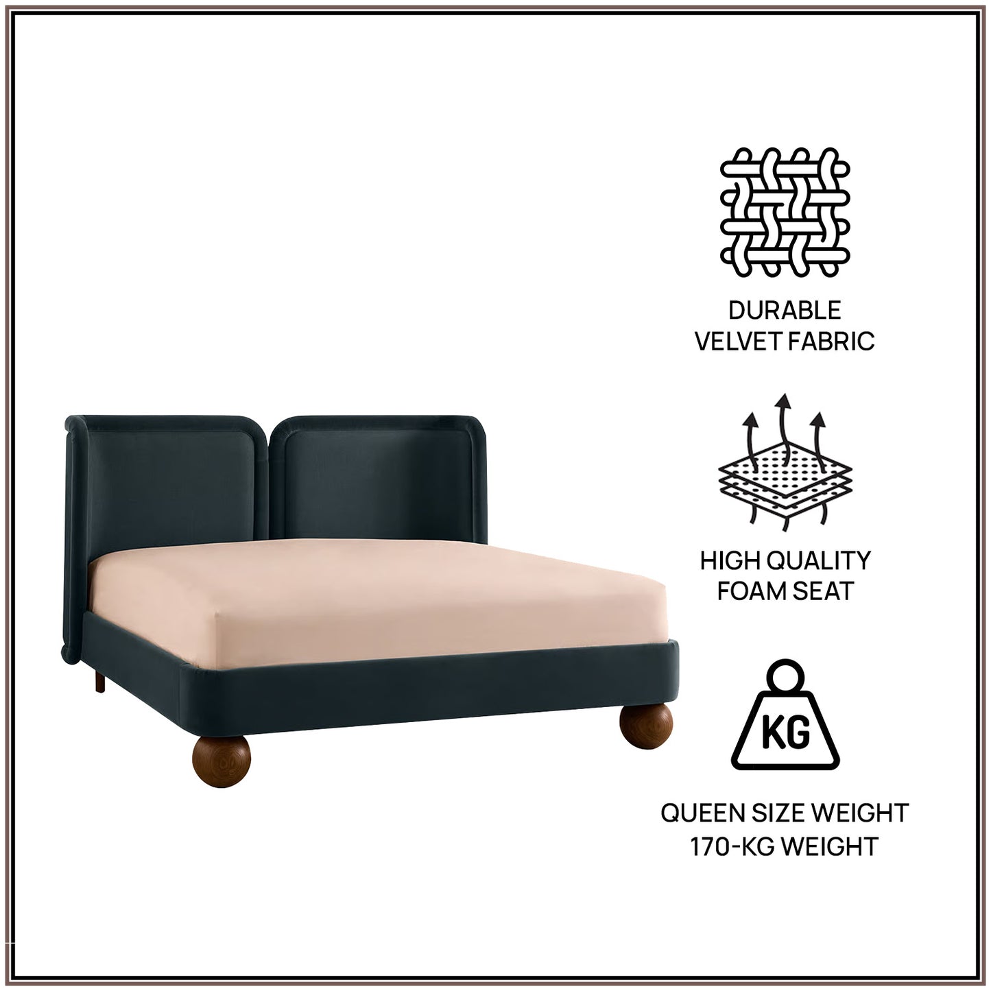 Nobella Opal Queen Size Bed in Grey Blue Velvet with Spherical Legs, Oak Wood Frame & Hydraulic Storage