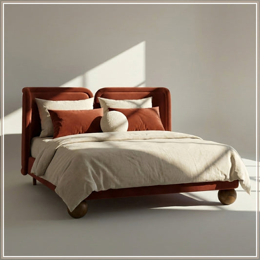 Nobella Opal Queen Size Bed in Orange Velvet with Spherical Legs, Oak Wood Frame & Hydraulic Storage