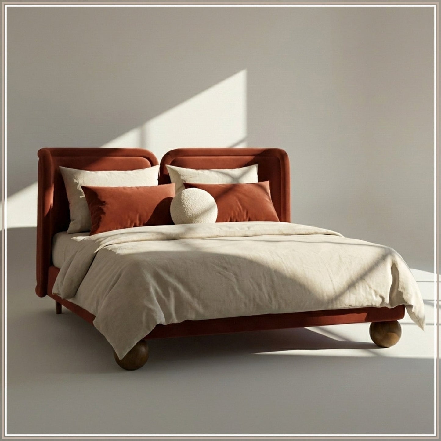 Nobella Opal King Size Bed in Orange Velvet with Spherical Legs, Oak Wood Frame & Hydraulic Storage