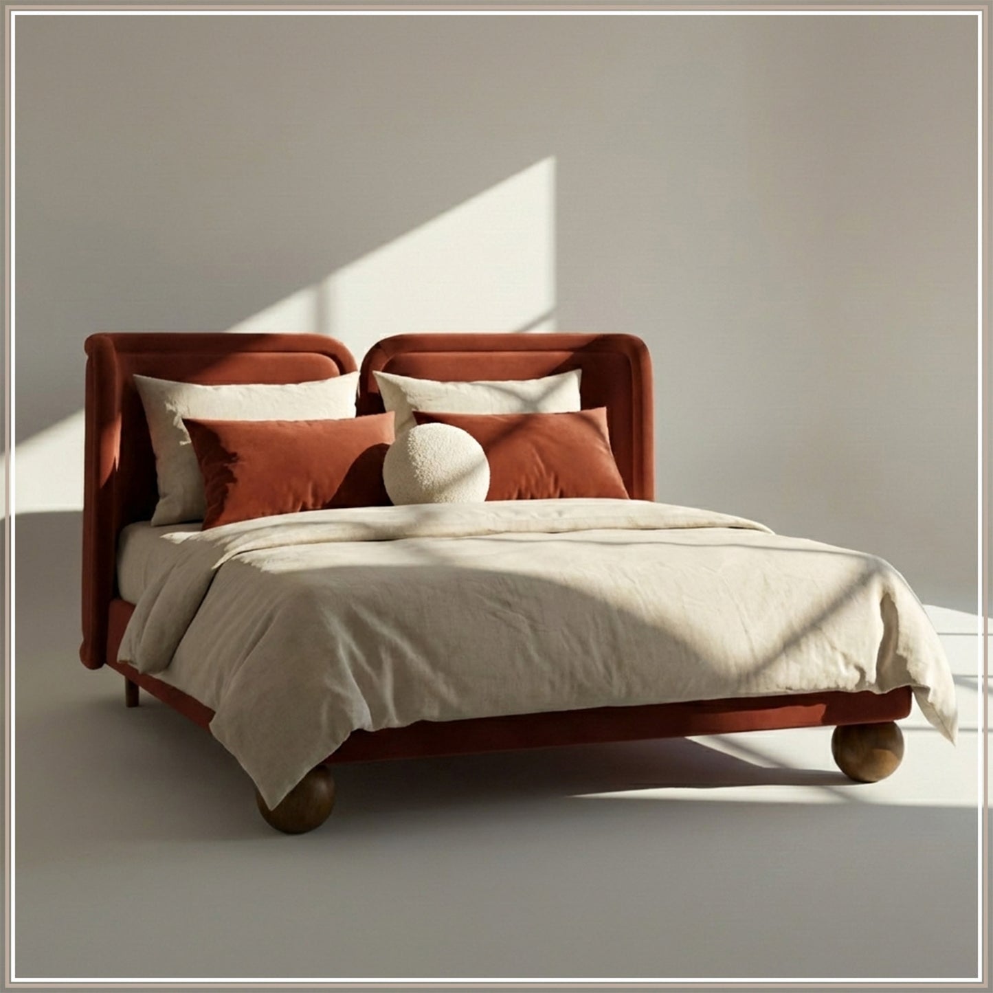 Nobella Opal King Size Bed in Orange Velvet with Spherical Legs, Oak Wood Frame & Hydraulic Storage