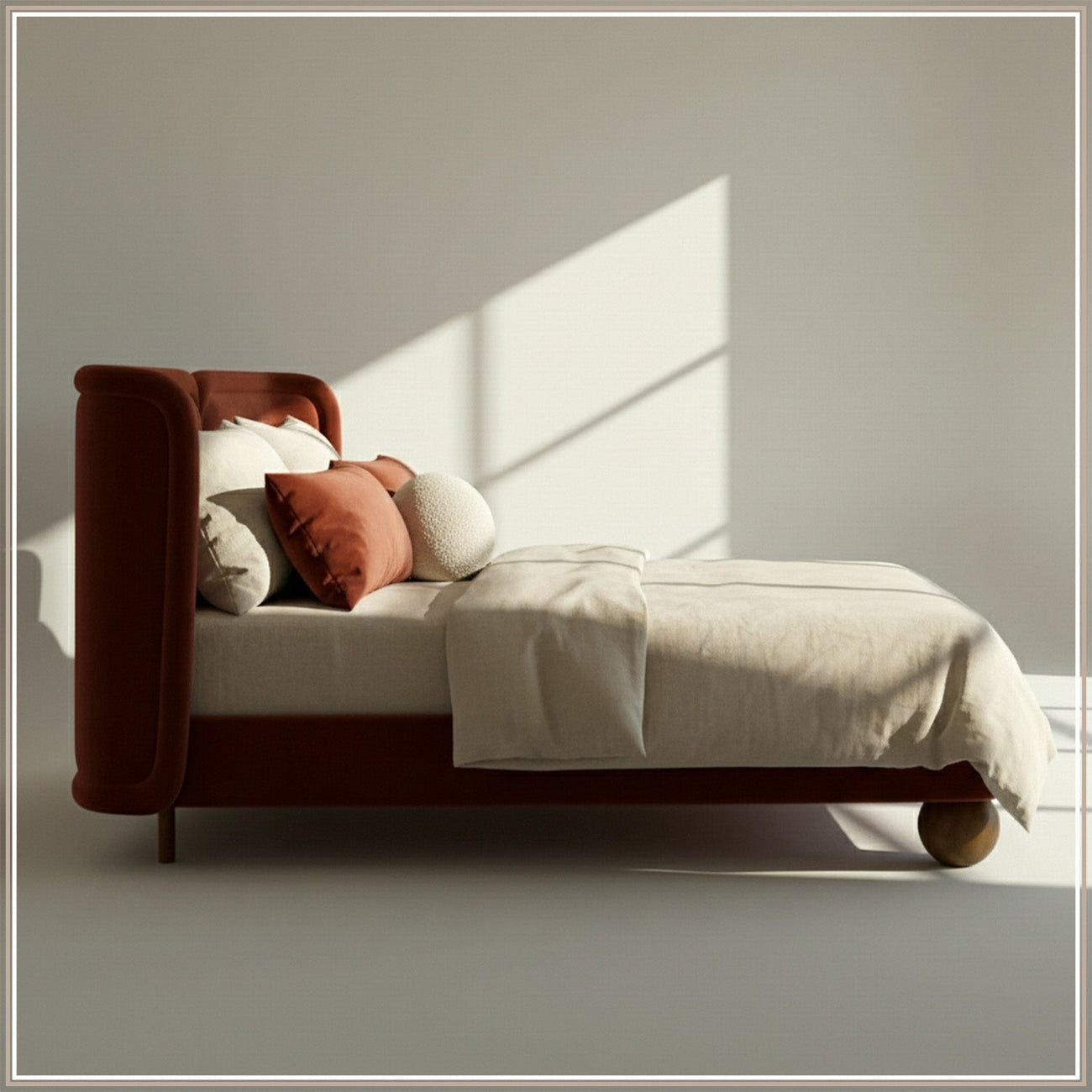 Nobella Opal King Size Bed in Orange Velvet with Spherical Legs, Oak Wood Frame & Hydraulic Storage
