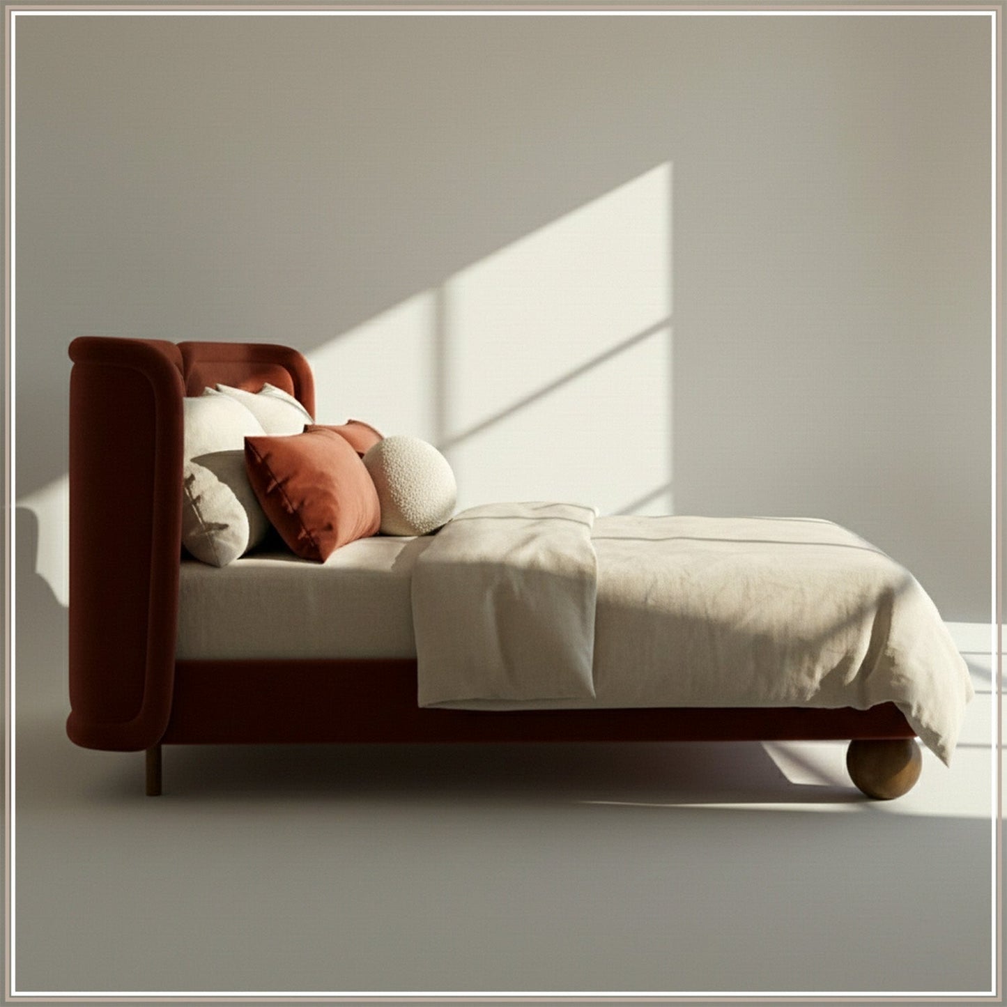 Nobella Opal Queen Size Bed in Orange Velvet with Spherical Legs, Oak Wood Frame & Hydraulic Storage