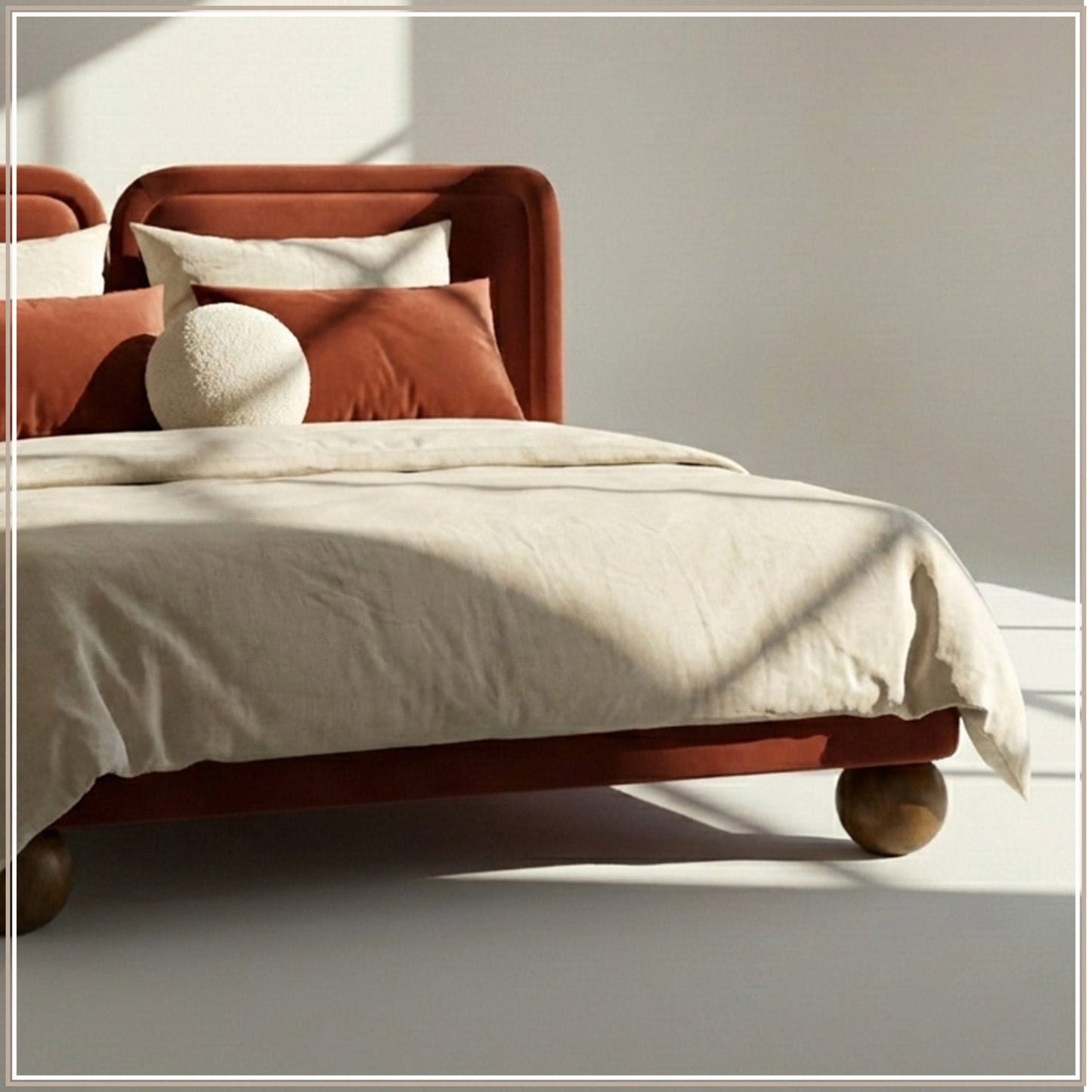 Nobella Opal King Size Bed in Orange Velvet with Spherical Legs, Oak Wood Frame & Hydraulic Storage