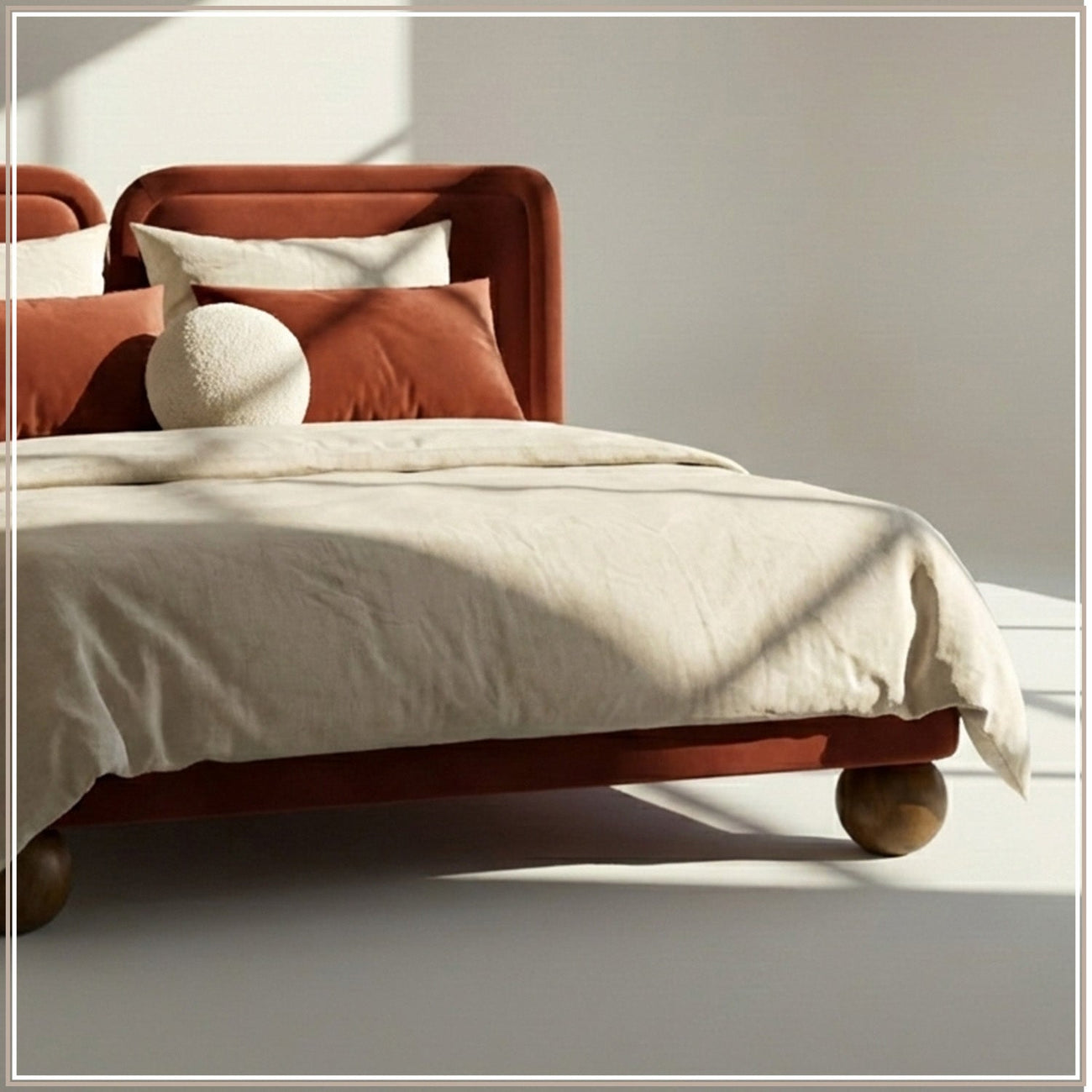 Nobella Opal Queen Size Bed in Orange Velvet with Spherical Legs, Oak Wood Frame & Hydraulic Storage