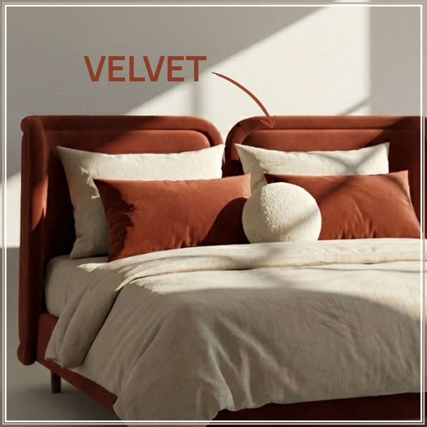 Nobella Opal Queen Size Bed in Orange Velvet with Spherical Legs, Oak Wood Frame & Hydraulic Storage