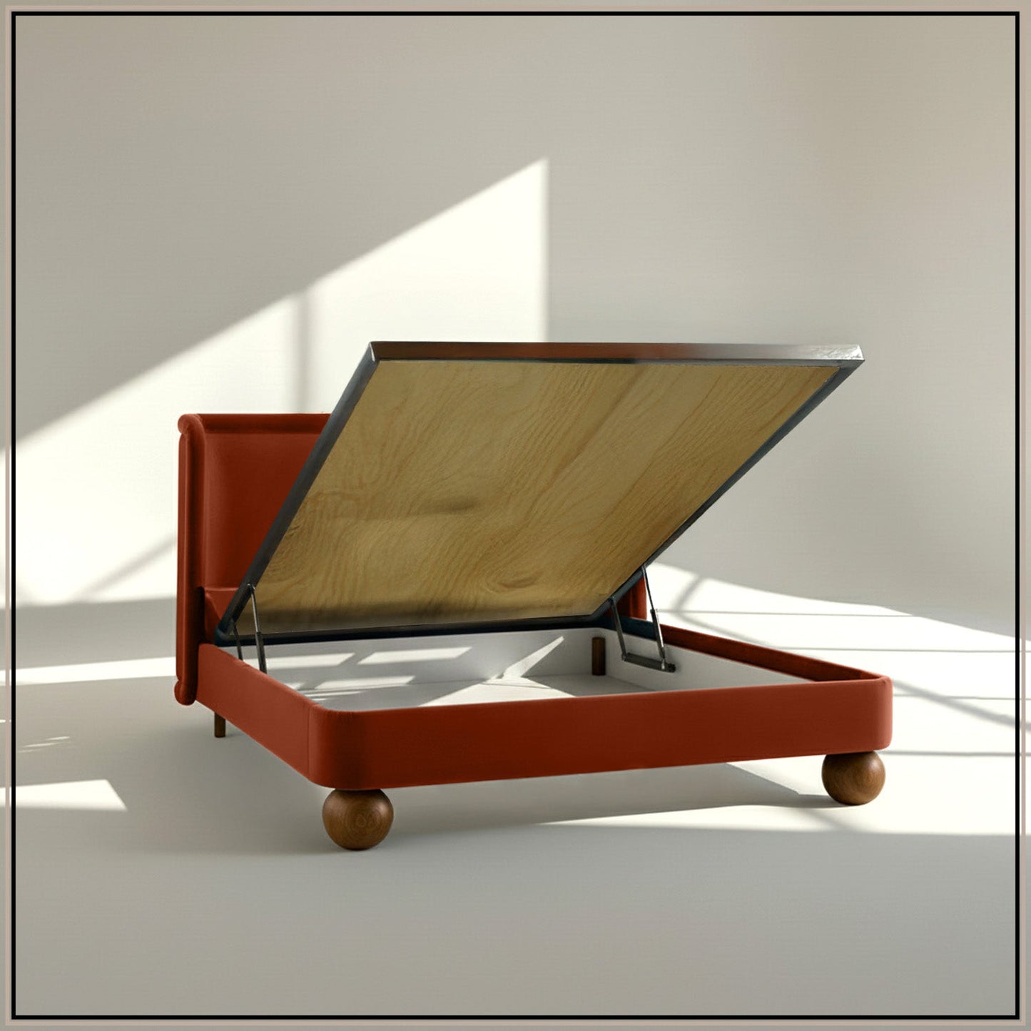 Nobella Opal King Size Bed in Orange Velvet with Spherical Legs, Oak Wood Frame & Hydraulic Storage