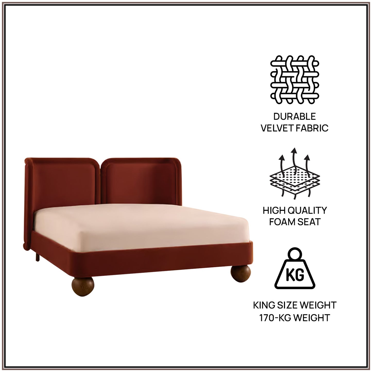 Nobella Opal King Size Bed in Orange Velvet with Spherical Legs, Oak Wood Frame & Hydraulic Storage