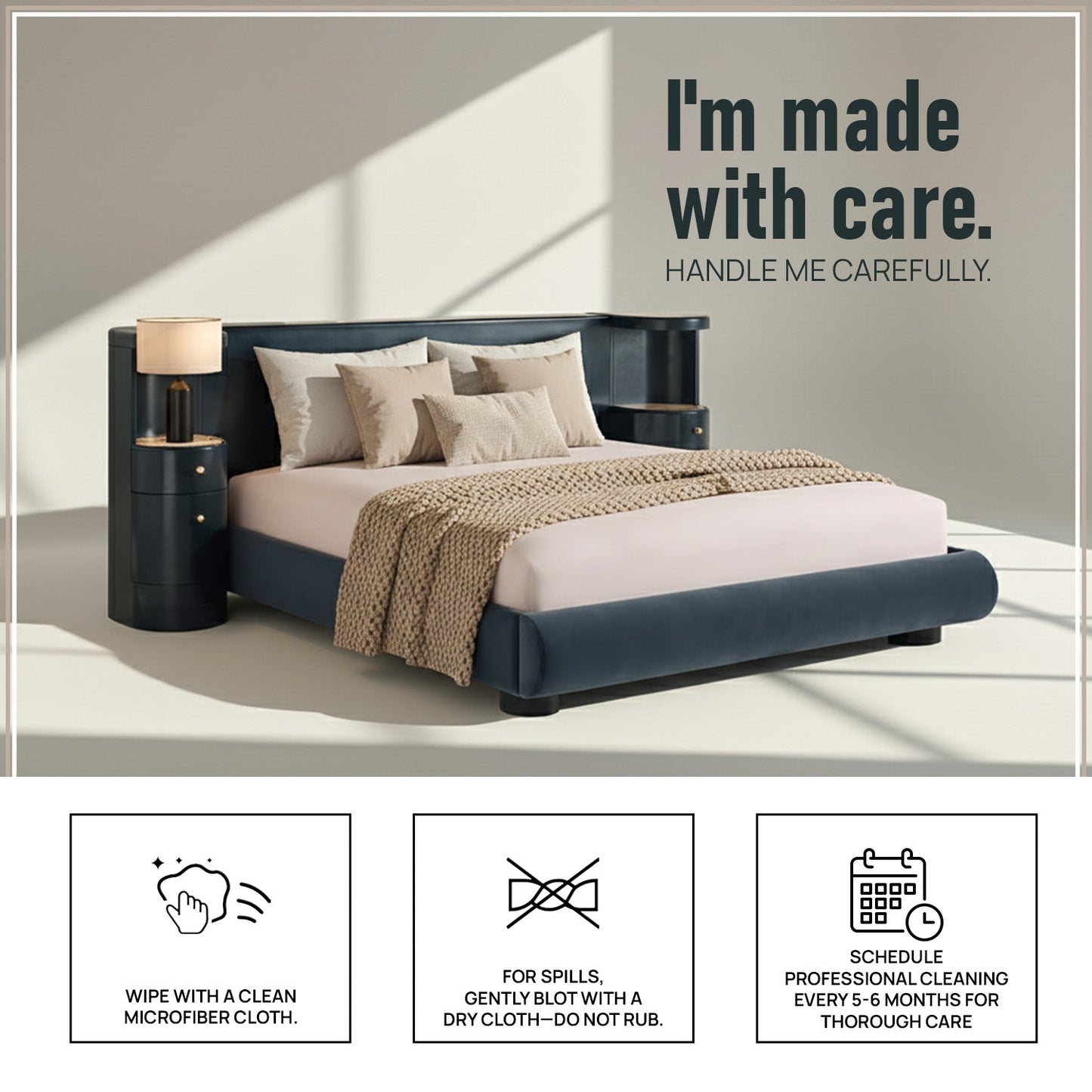 Regalis Block-Leg Panel Queen Size Bed in Velvet with Oak wood Frame & Hydraulic Storage