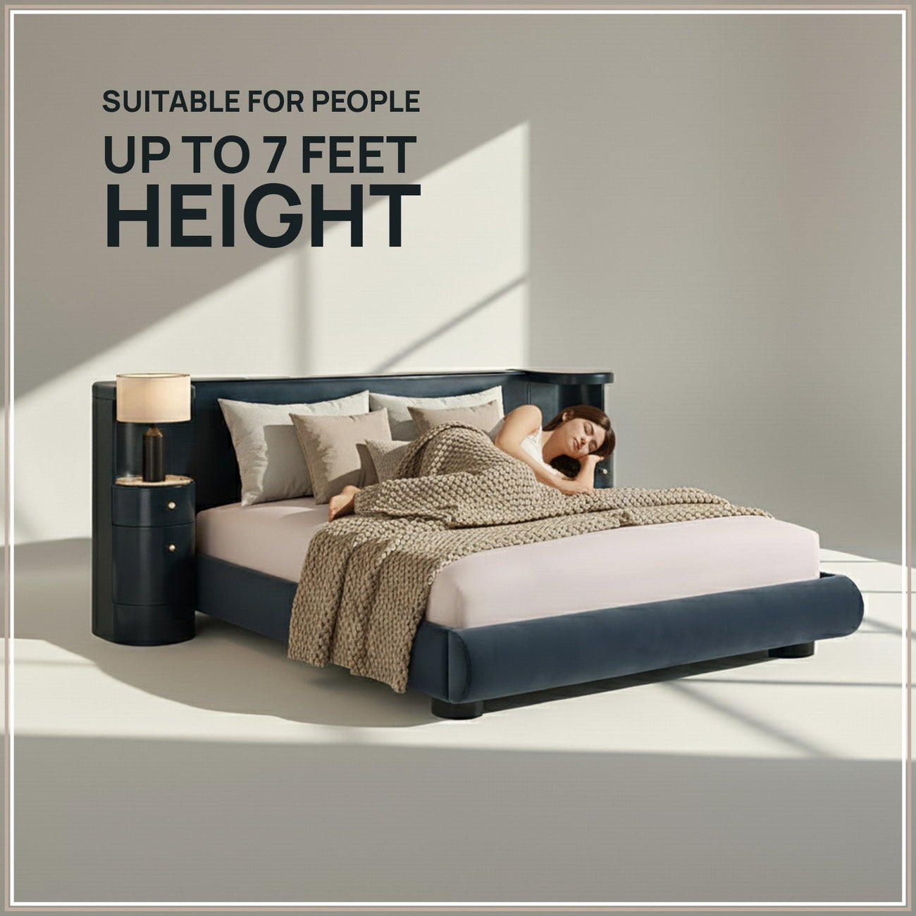 Regalis Block-Leg Panel Queen Size Bed in Velvet with Oak wood Frame & Hydraulic Storage