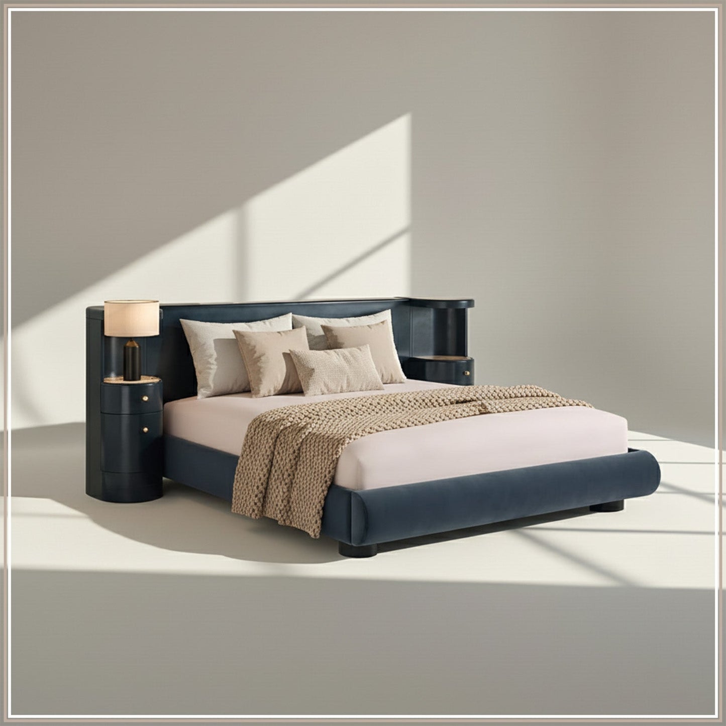 Regalis Block-Leg Panel Queen Size Bed in Velvet with Oak wood Frame & Hydraulic Storage