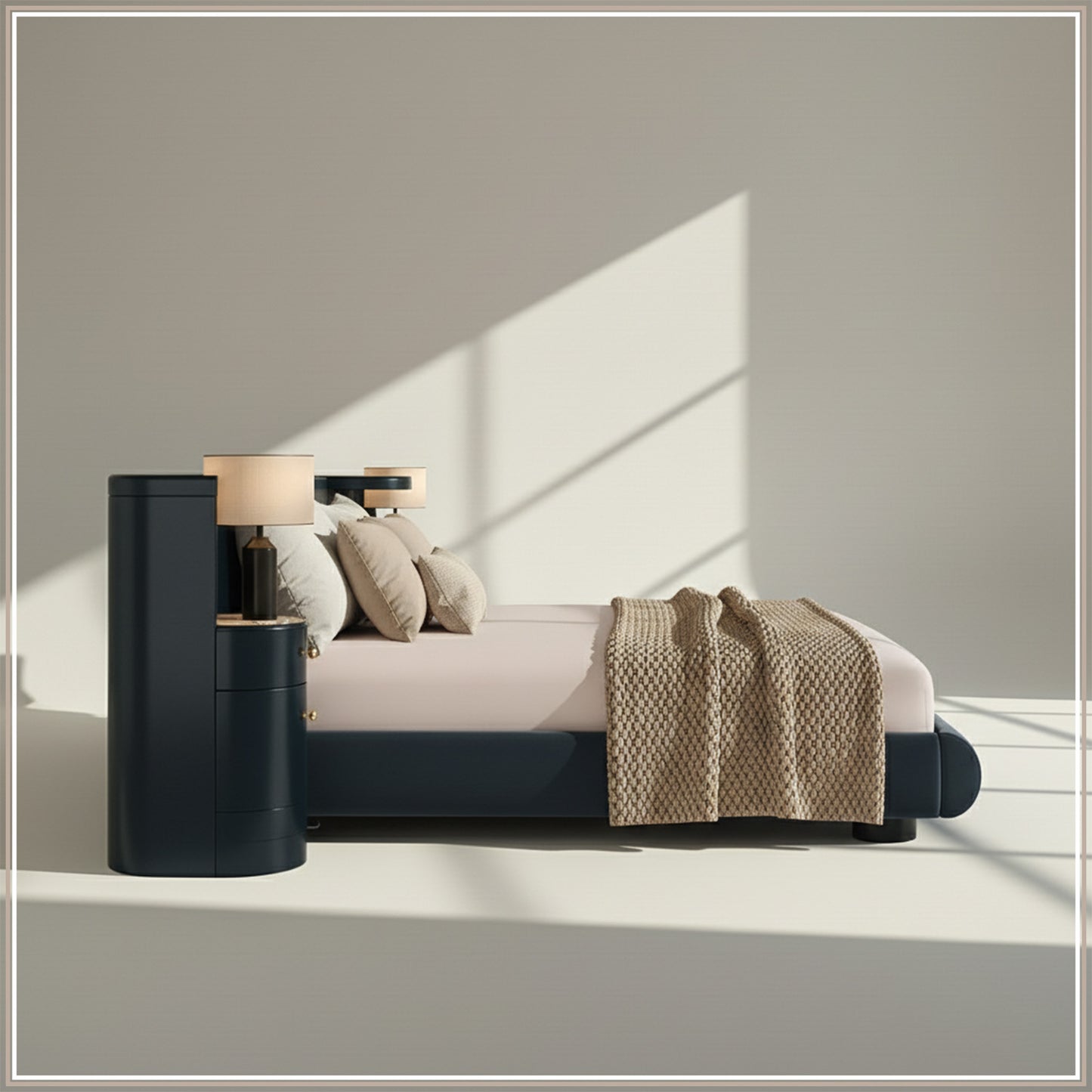 Regalis Block-Leg Panel Queen Size Bed in Velvet with Oak wood Frame & Hydraulic Storage