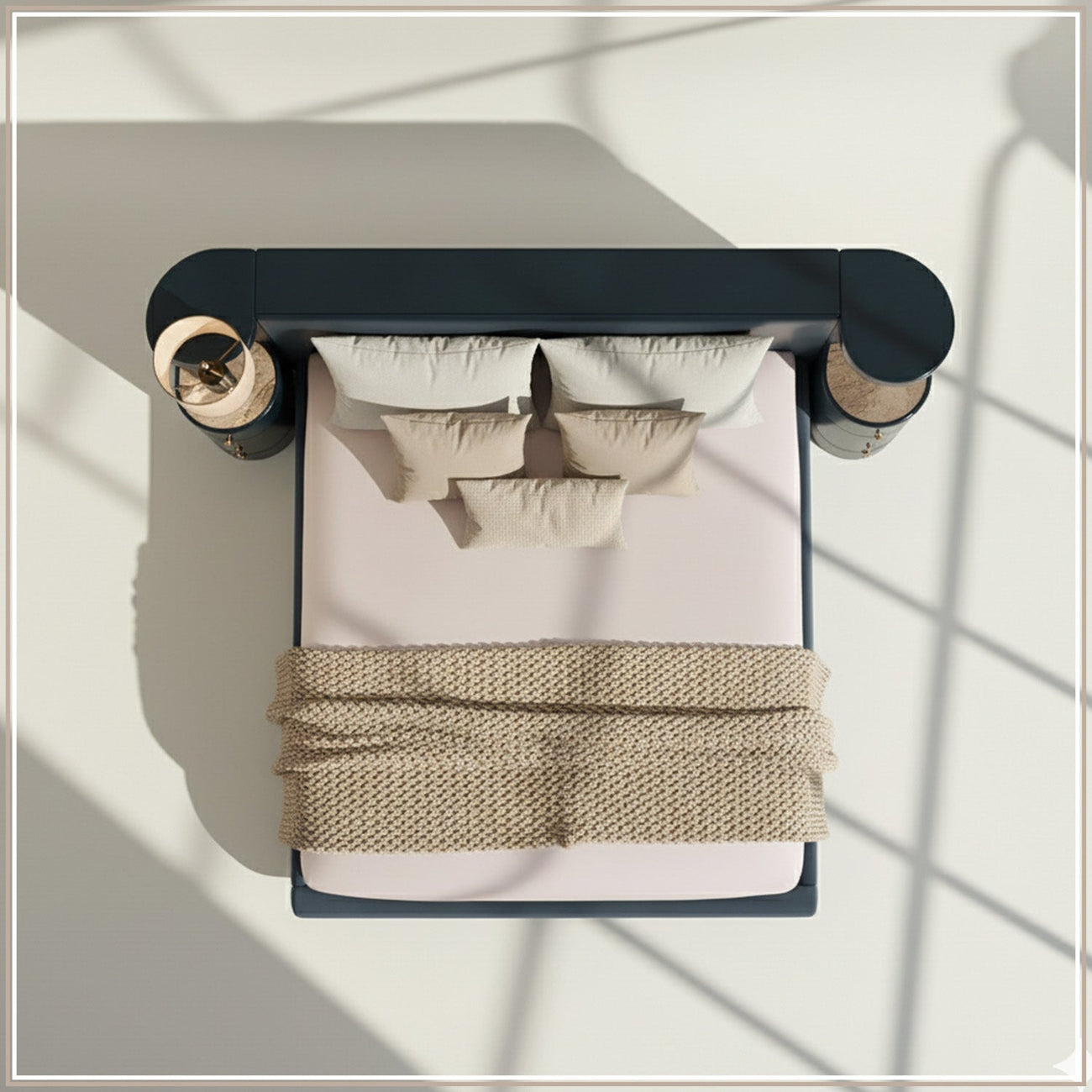 Regalis Block-Leg Panel Queen Size Bed in Velvet with Oak wood Frame & Hydraulic Storage