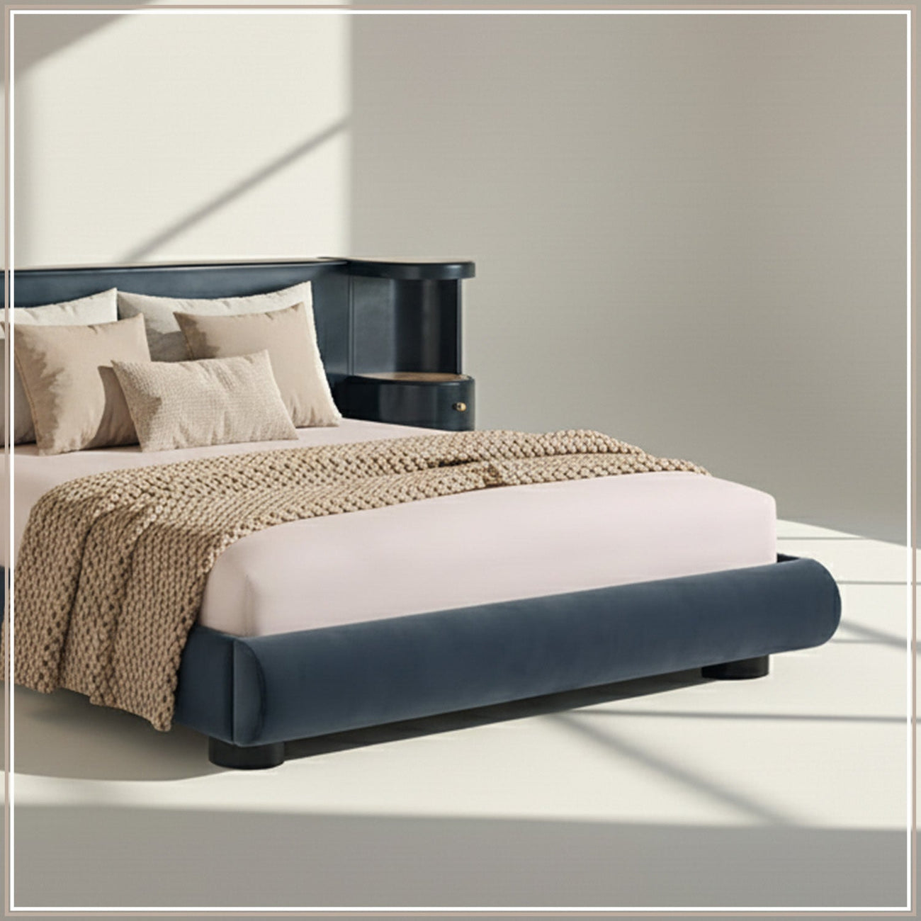 Regalis Block-Leg Panel Queen Size Bed in Velvet with Oak wood Frame & Hydraulic Storage