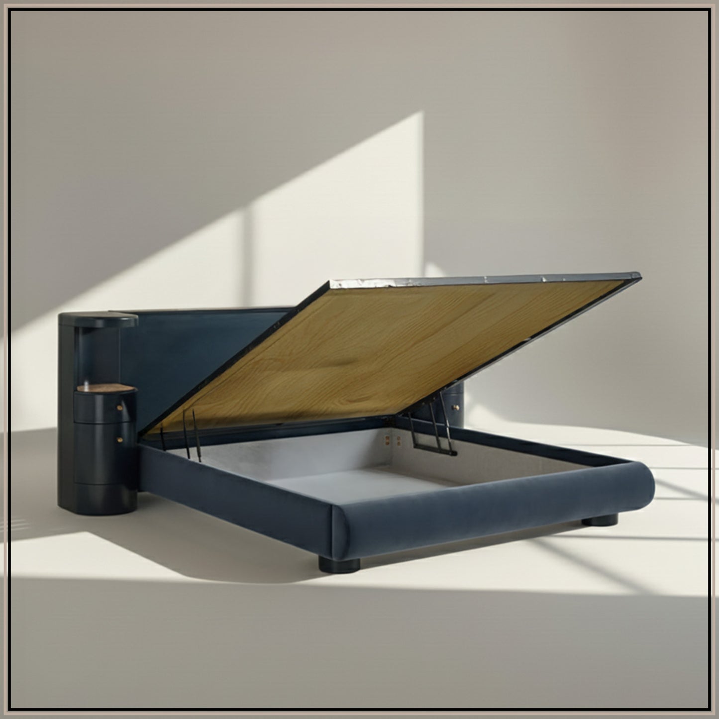 Regalis Block-Leg Panel Queen Size Bed in Velvet with Oak wood Frame & Hydraulic Storage