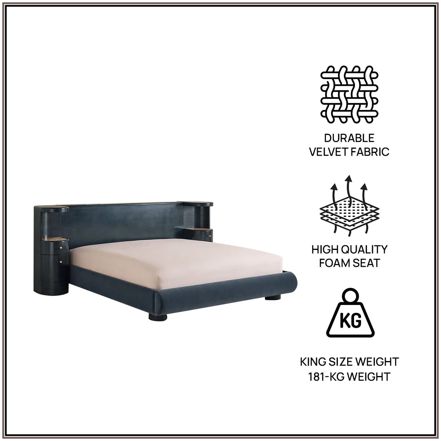 Regalis Block-Leg Panel Queen Size Bed in Velvet with Oak wood Frame & Hydraulic Storage