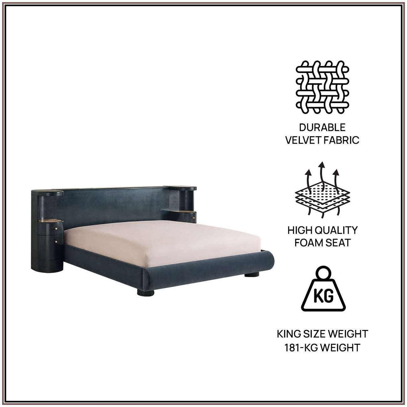 Regalis Block-Leg Panel Queen Size Bed in Velvet with Oak wood Frame & Hydraulic Storage