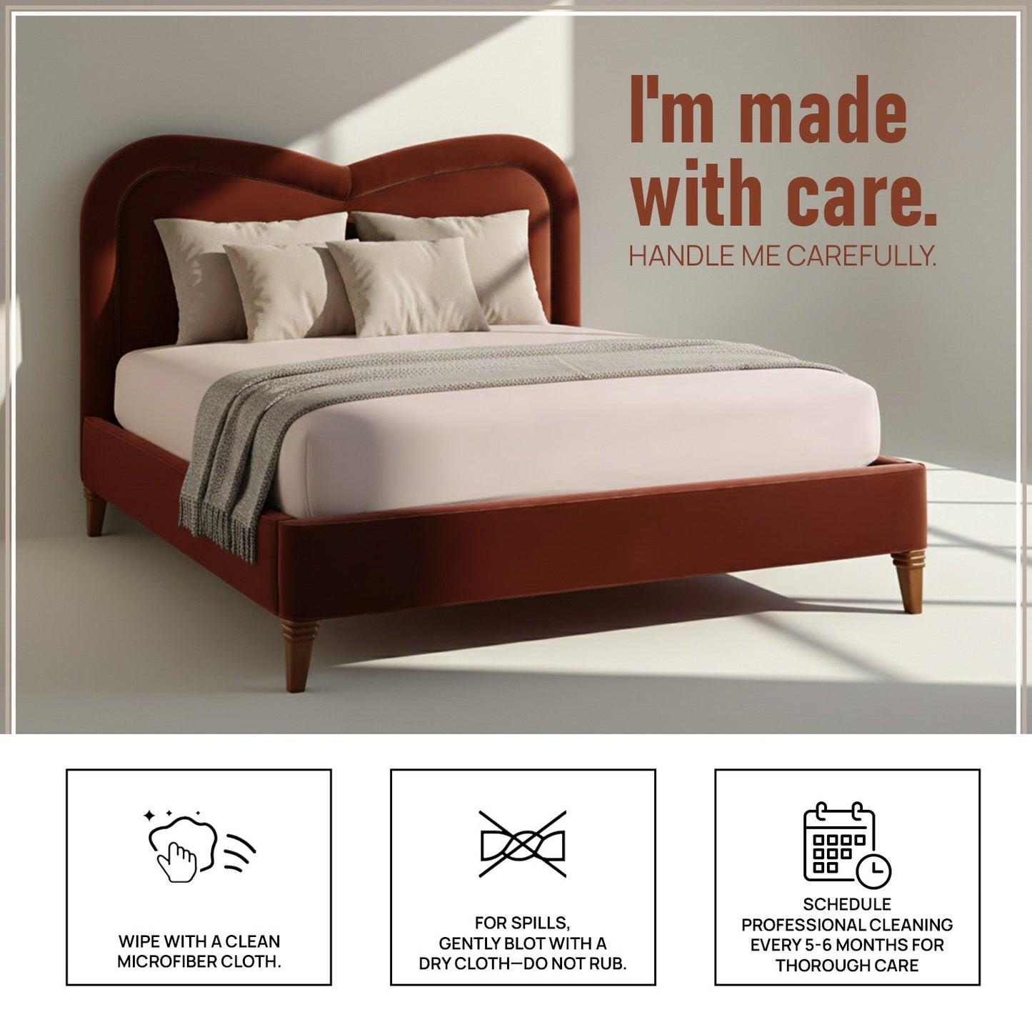 Elaris Curve Comfort Queen Size Bed in Rust Velvet with Engineer Wood Frame & Hydraulic Storage