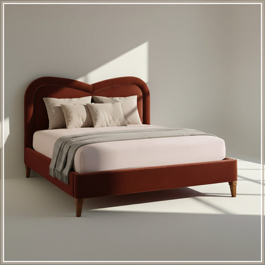 Elaris Curve Comfort Queen Size Bed in Rust Velvet with Engineer Wood Frame & Hydraulic Storage