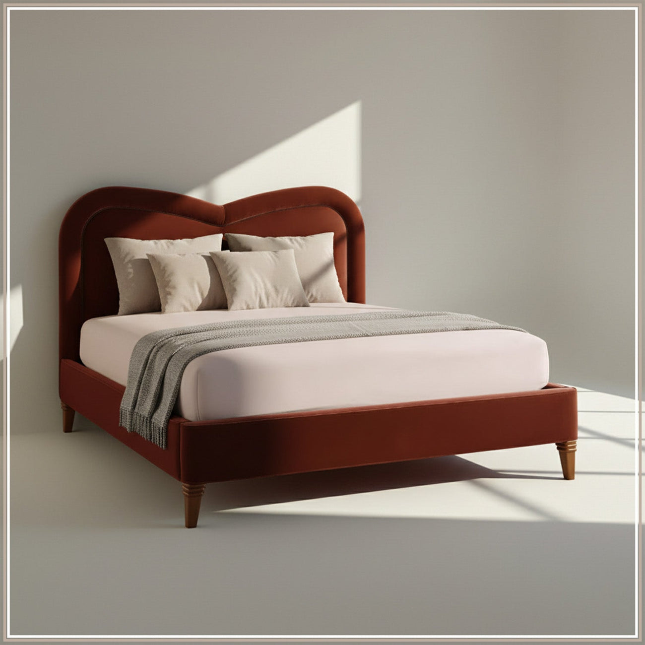 Elaris Curve Comfort Queen Size Bed in Rust Velvet with Engineer Wood Frame & Hydraulic Storage
