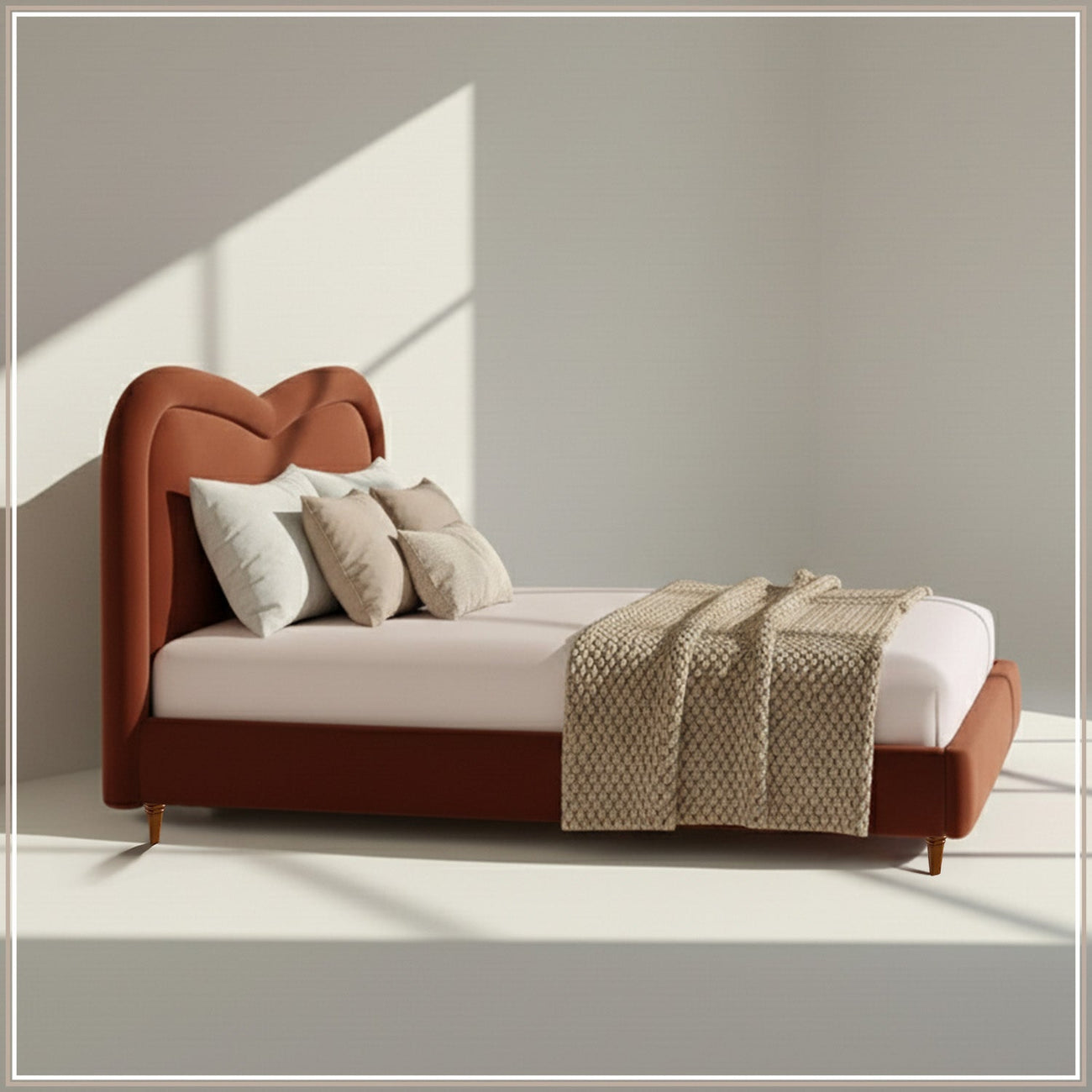 Elaris Curve Comfort Queen Size Bed in Rust Velvet with Engineer Wood Frame & Hydraulic Storage