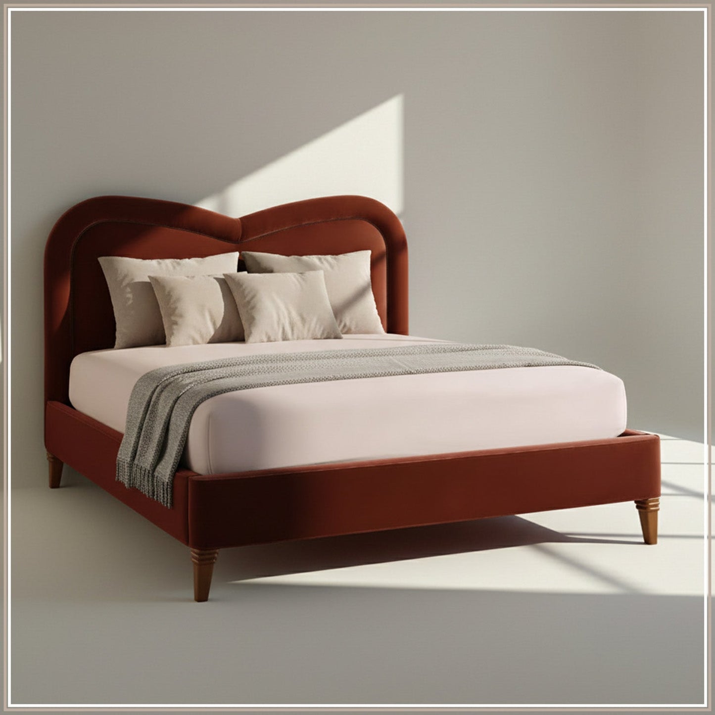 Elaris Curve Comfort Queen Size Bed in Rust Velvet with Engineer Wood Frame & Hydraulic Storage