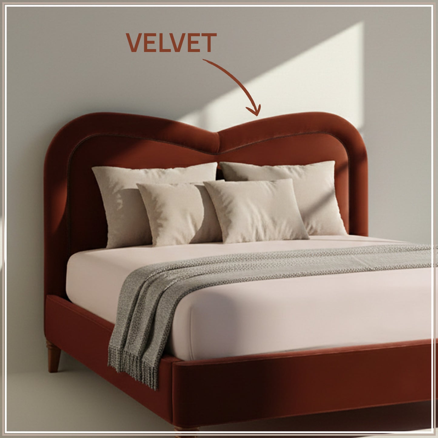 Elaris Curve Comfort Queen Size Bed in Rust Velvet with Engineer Wood Frame & Hydraulic Storage