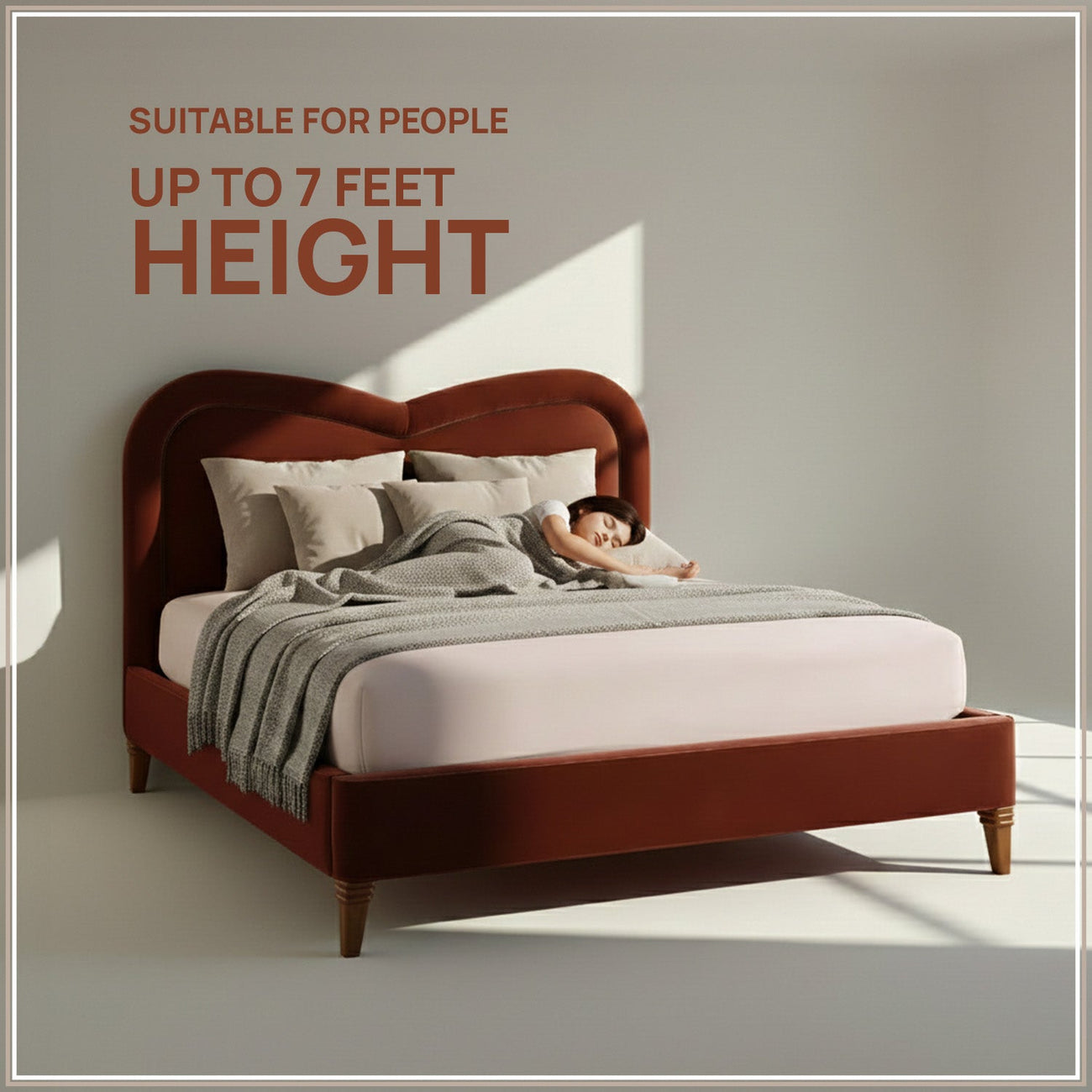 Elaris Curve Comfort Queen Size Bed in Rust Velvet with Engineer Wood Frame & Hydraulic Storage