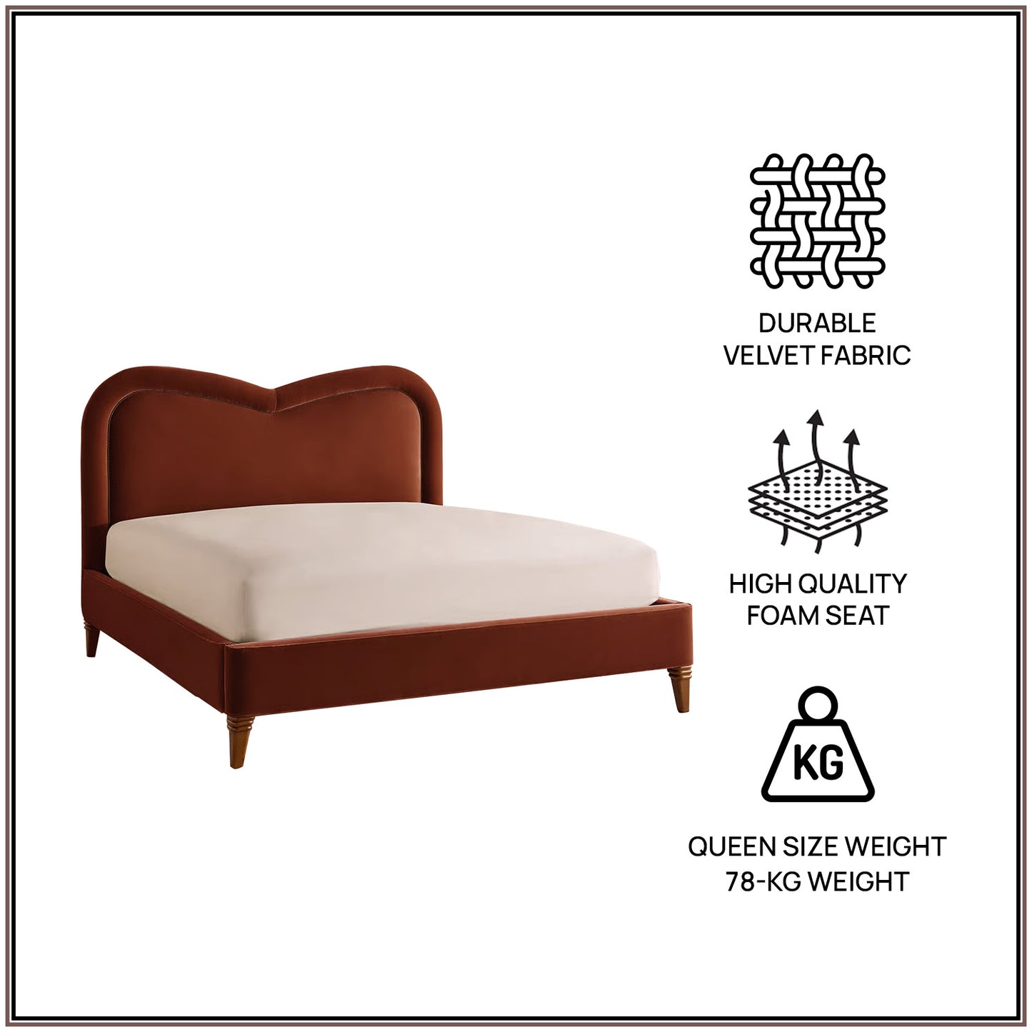 Elaris Curve Comfort Queen Size Bed in Rust Velvet with Engineer Wood Frame & Hydraulic Storage