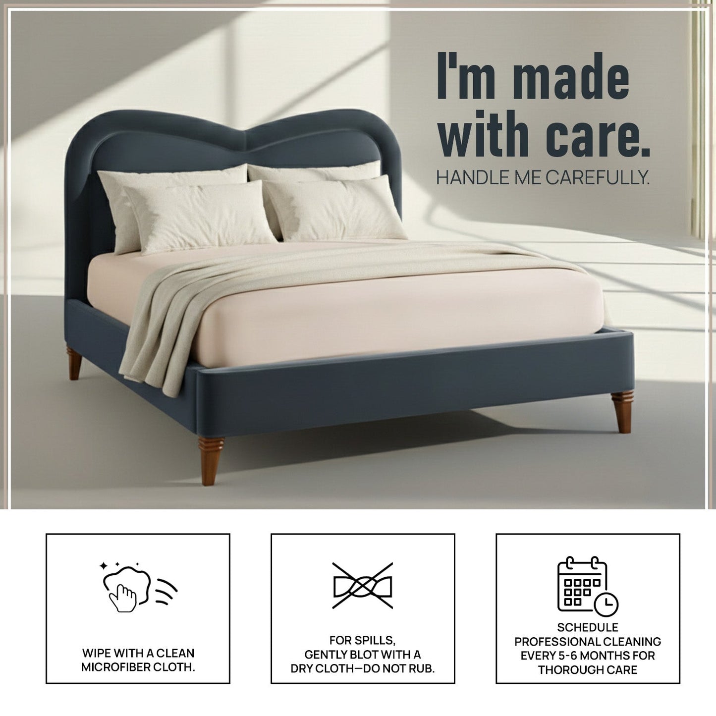 Elaris Curve Comfort Queen Size Bed in Grey Blue Velvet with Engineer Wood Frame & Hydraulic Storage