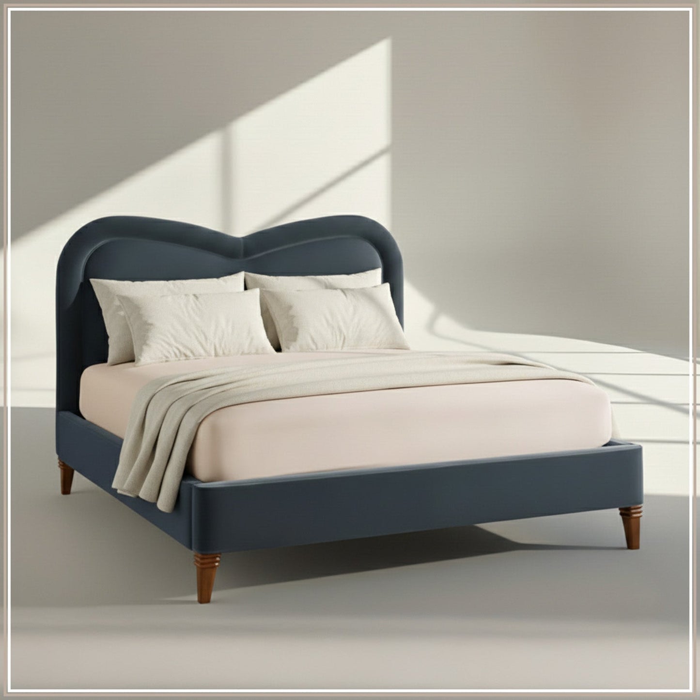Elaris Curve Comfort Queen Size Bed in Grey Blue Velvet with Engineer Wood Frame & Hydraulic Storage