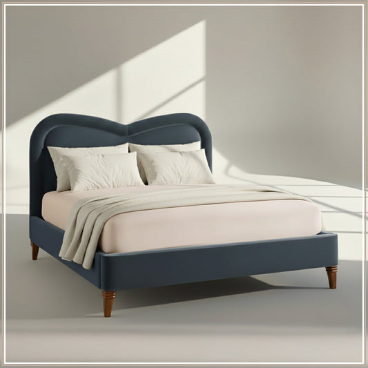 Elaris Curve Comfort Queen Size Bed in Grey Blue Velvet with Engineer Wood Frame & Hydraulic Storage