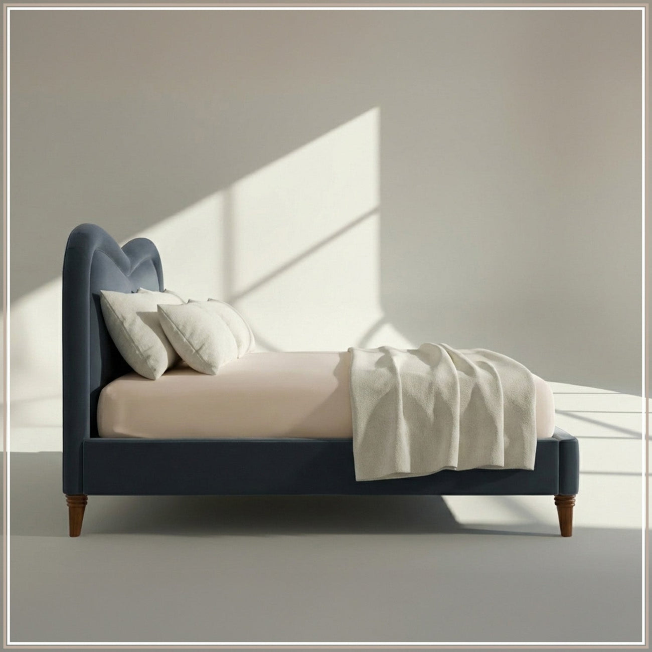 Elaris Curve Comfort Queen Size Bed in Grey Blue Velvet with Engineer Wood Frame & Hydraulic Storage