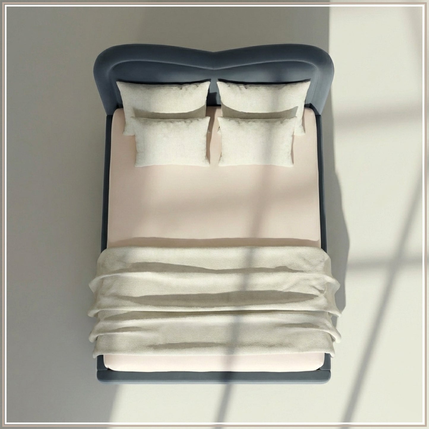 Elaris Curve Comfort Queen Size Bed in Grey Blue Velvet with Engineer Wood Frame & Hydraulic Storage