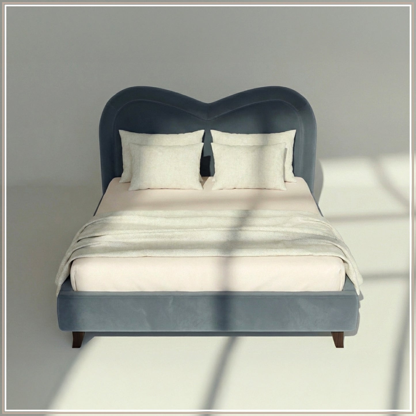 Elaris Curve Comfort Queen Size Bed in Grey Blue Velvet with Engineer Wood Frame & Hydraulic Storage