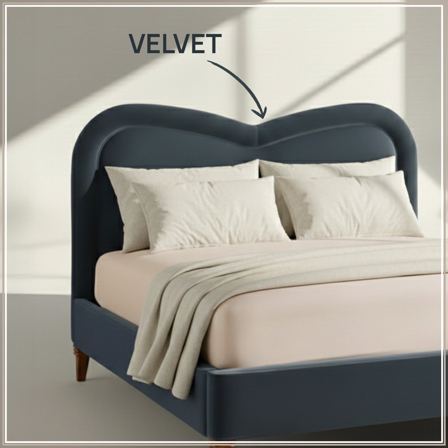 Elaris Curve Comfort Queen Size Bed in Grey Blue Velvet with Engineer Wood Frame & Hydraulic Storage