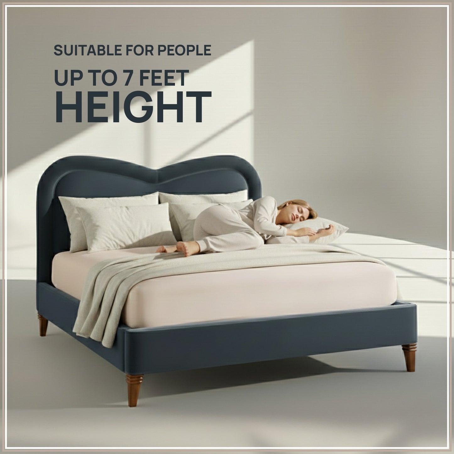 Elaris Curve Comfort Queen Size Bed in Grey Blue Velvet with Engineer Wood Frame & Hydraulic Storage