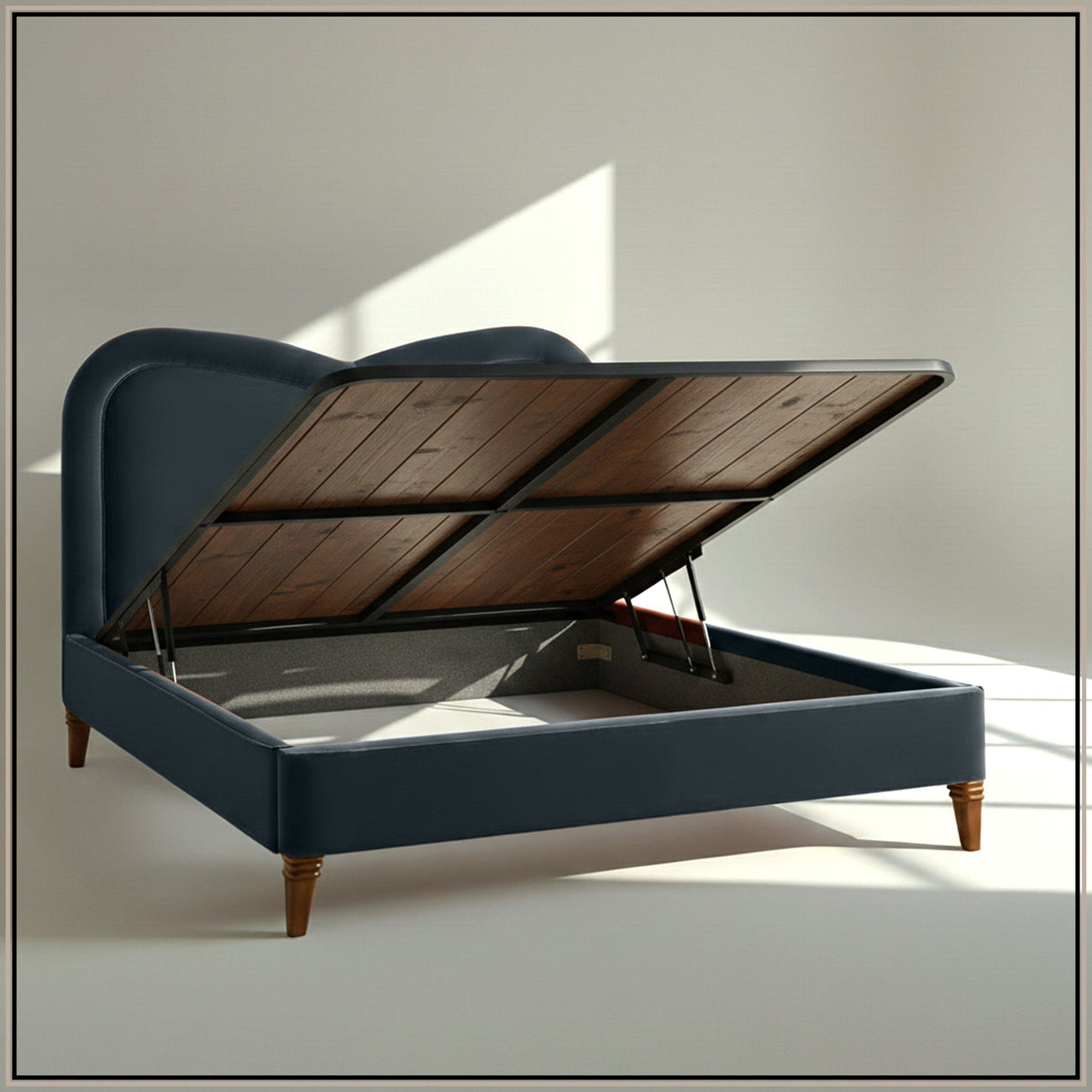 Elaris Curve Comfort Queen Size Bed in Grey Blue Velvet with Engineer Wood Frame & Hydraulic Storage