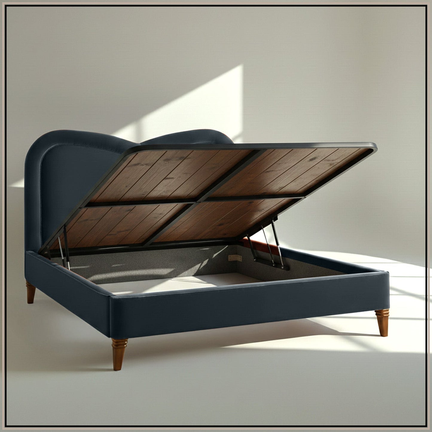 Elaris Curve Comfort King Size Bed in Grey Blue Velvet with Engineer Wood Frame & Hydraulic Storage