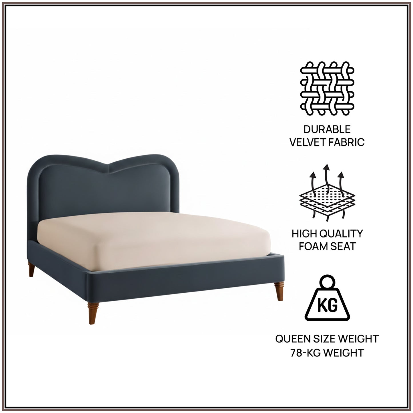 Elaris Curve Comfort Queen Size Bed in Grey Blue Velvet with Engineer Wood Frame & Hydraulic Storage