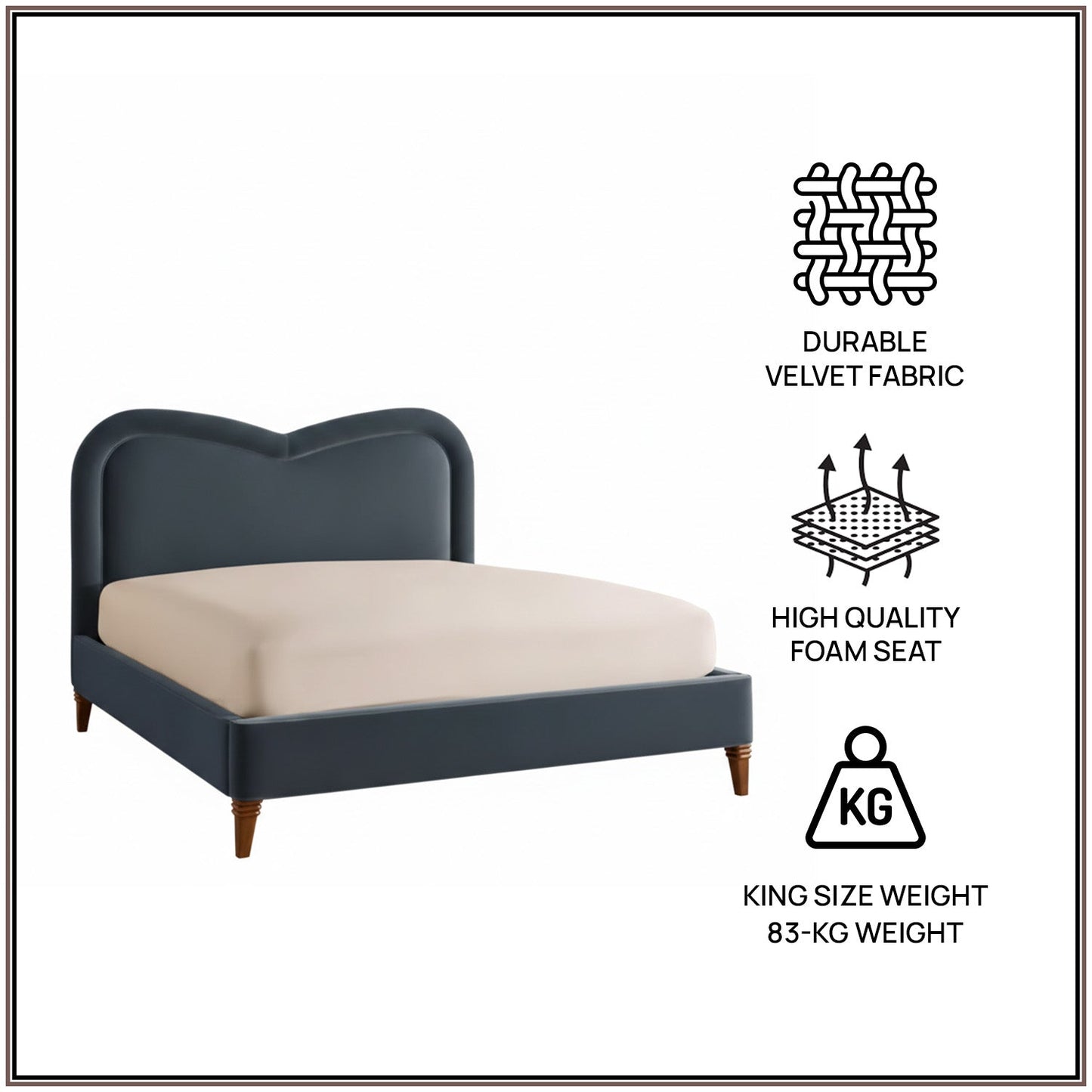 Elaris Curve Comfort King Size Bed in Grey Blue Velvet with Engineer Wood Frame & Hydraulic Storage