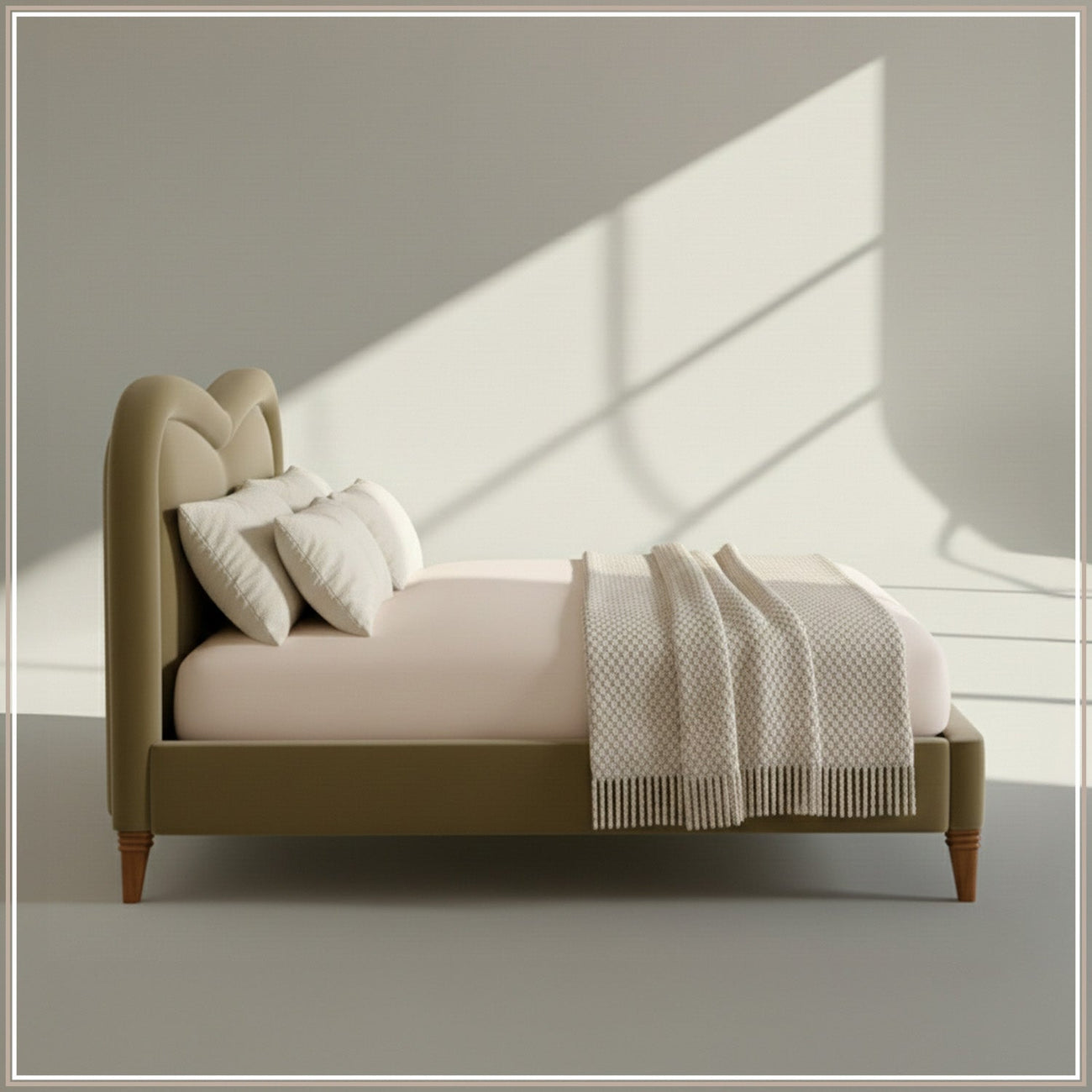 Elaris Curve Comfort Queen Size Bed in Lichen Velvet with Engineer Wood Frame & Hydraulic Storage