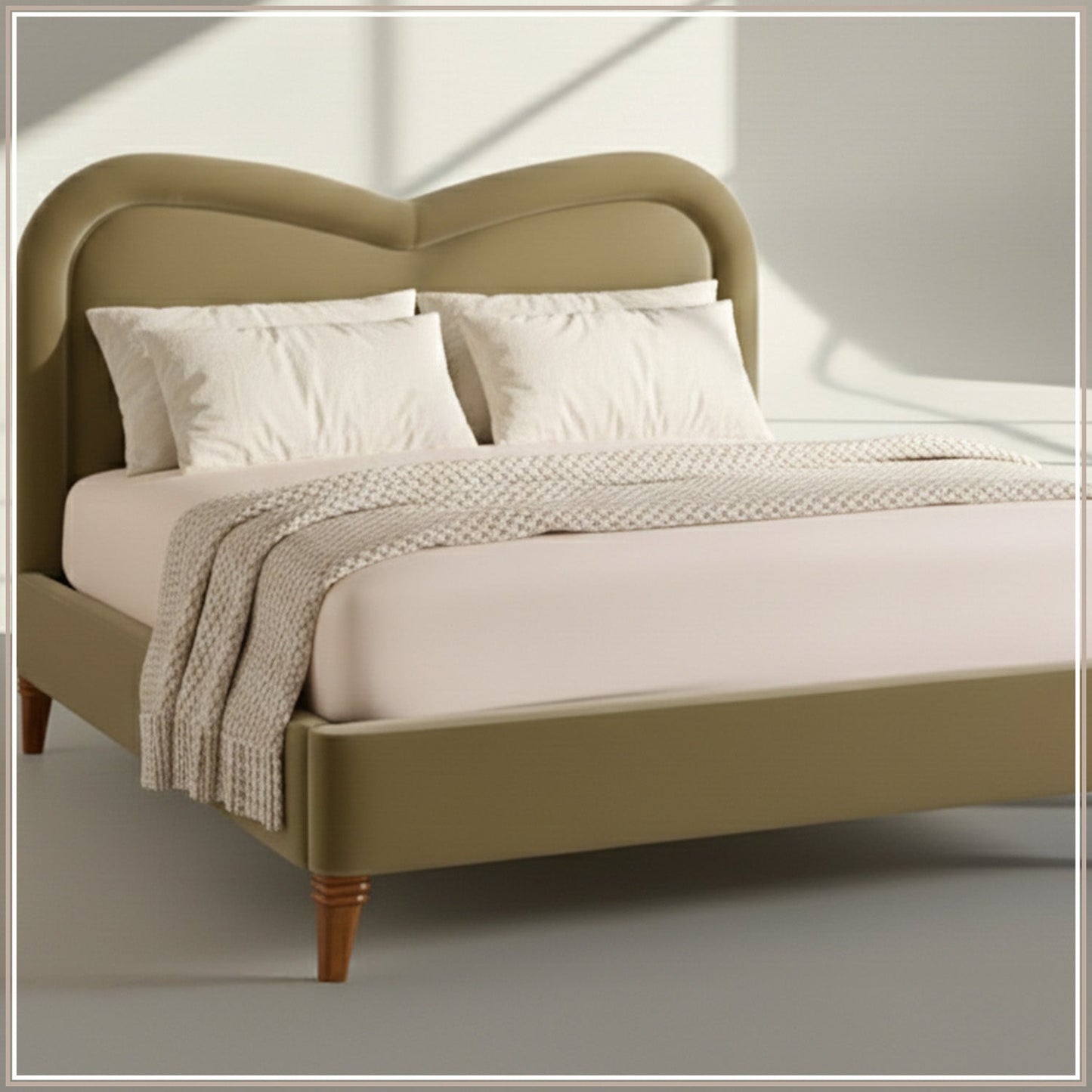 Elaris Curve Comfort Queen Size Bed in Lichen Velvet with Engineer Wood Frame & Hydraulic Storage