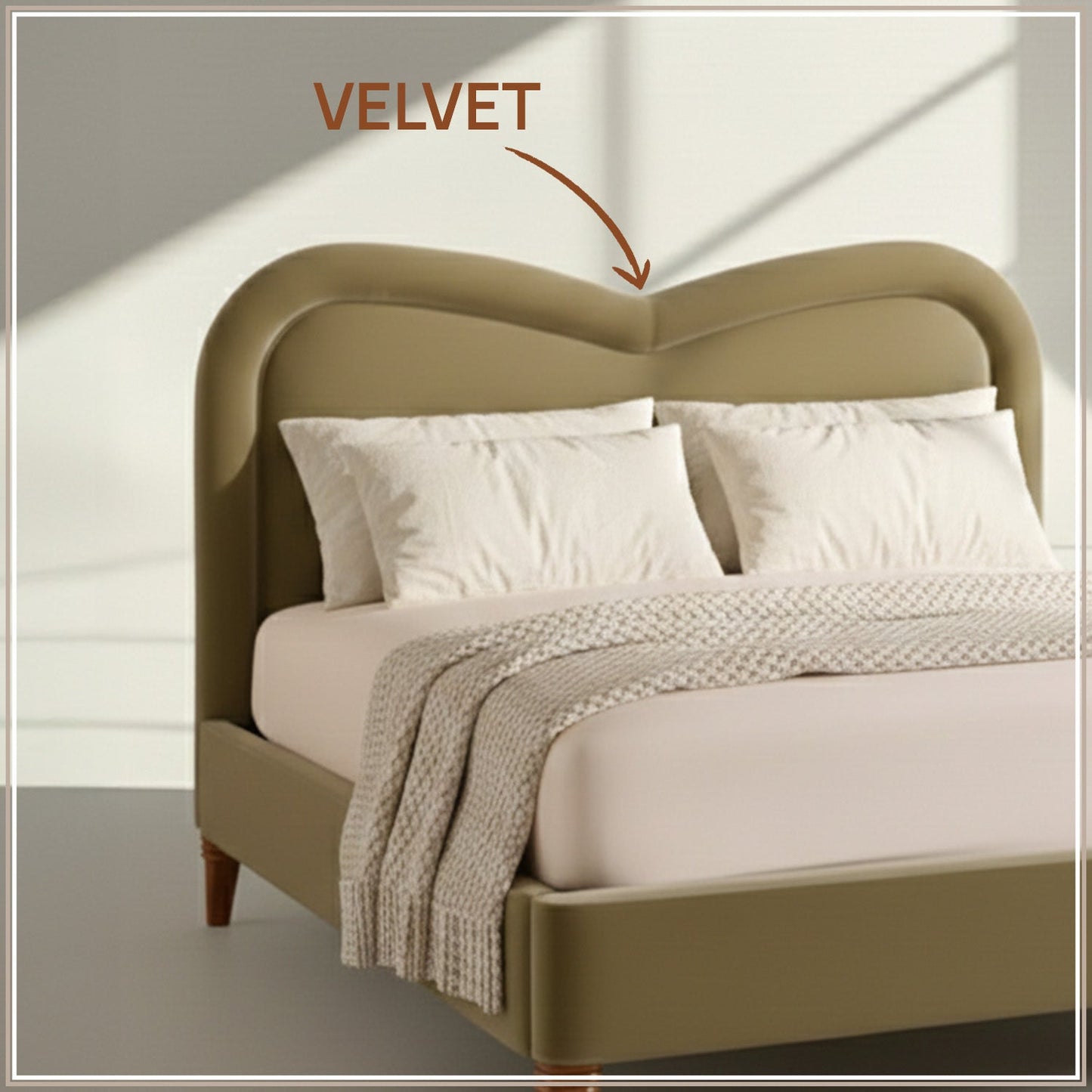 Elaris Curve Comfort Queen Size Bed in Lichen Velvet with Engineer Wood Frame & Hydraulic Storage