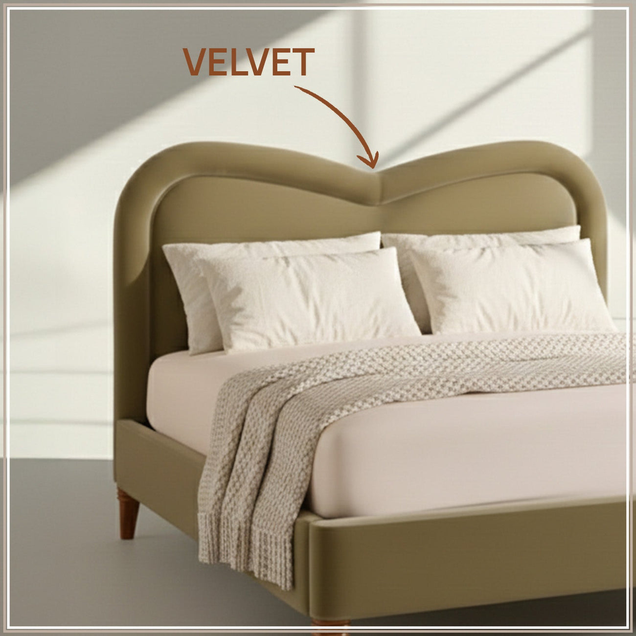 Elaris Curve Comfort Queen Size Bed in Lichen Velvet with Engineer Wood Frame & Hydraulic Storage