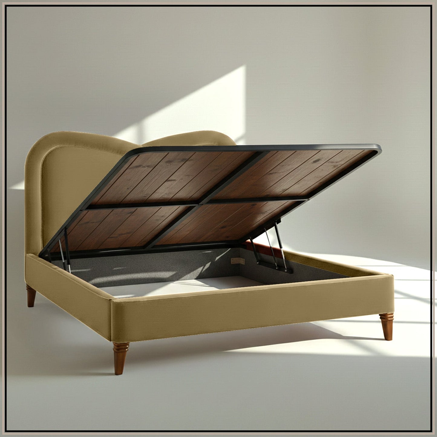 Elaris Curve Comfort Queen Size Bed in Lichen Velvet with Engineer Wood Frame & Hydraulic Storage