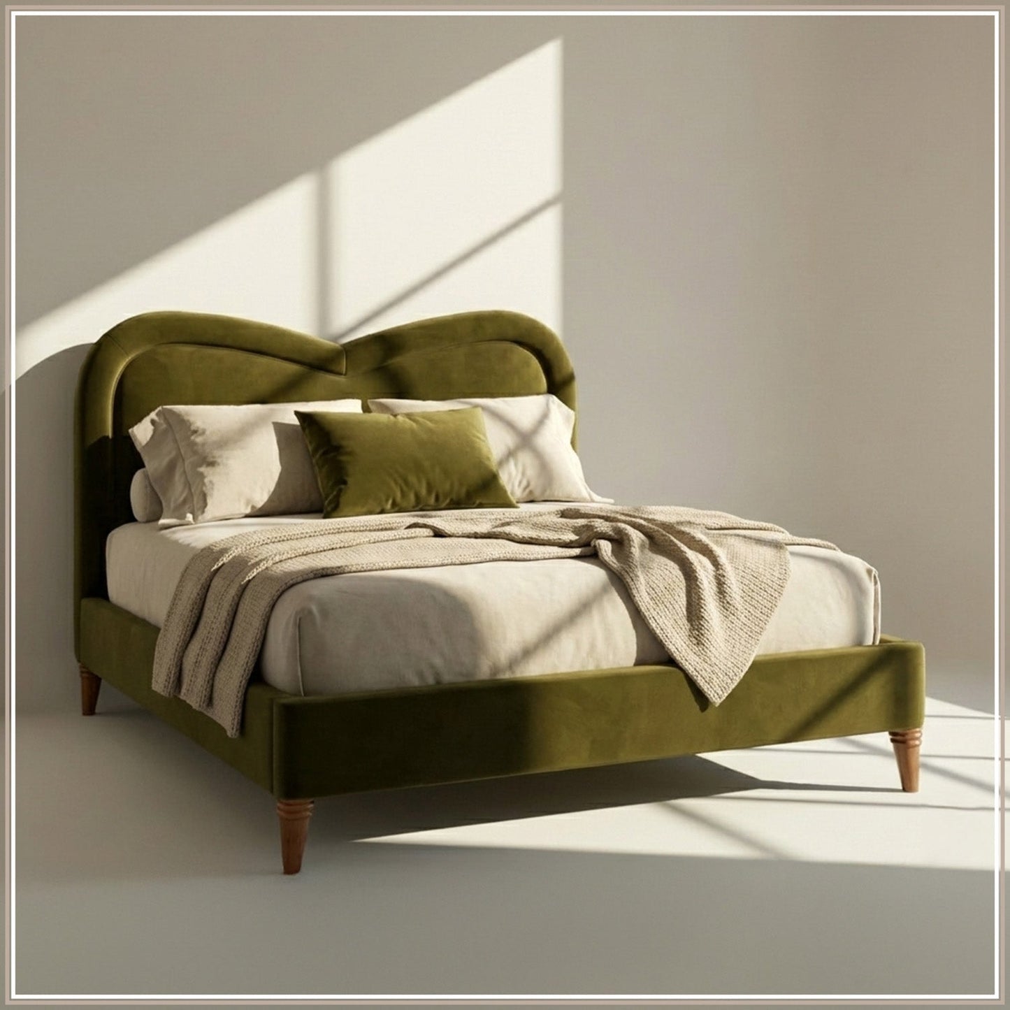 Elaris Curve Comfort Queen Size Bed in Olive Brown Velvet with Engineer Wood Frame & Hydraulic Storage