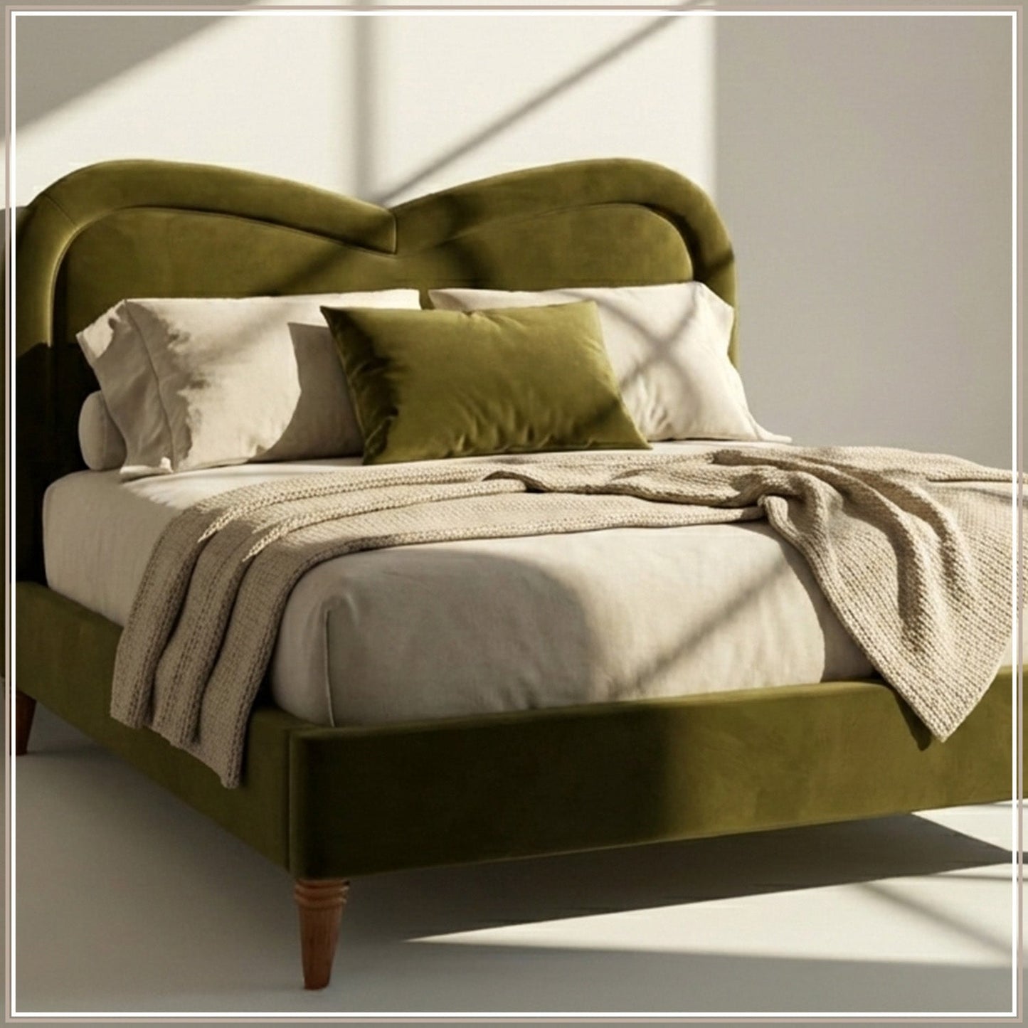 Elaris Curve Comfort Queen Size Bed in Olive Brown Velvet with Engineer Wood Frame & Hydraulic Storage