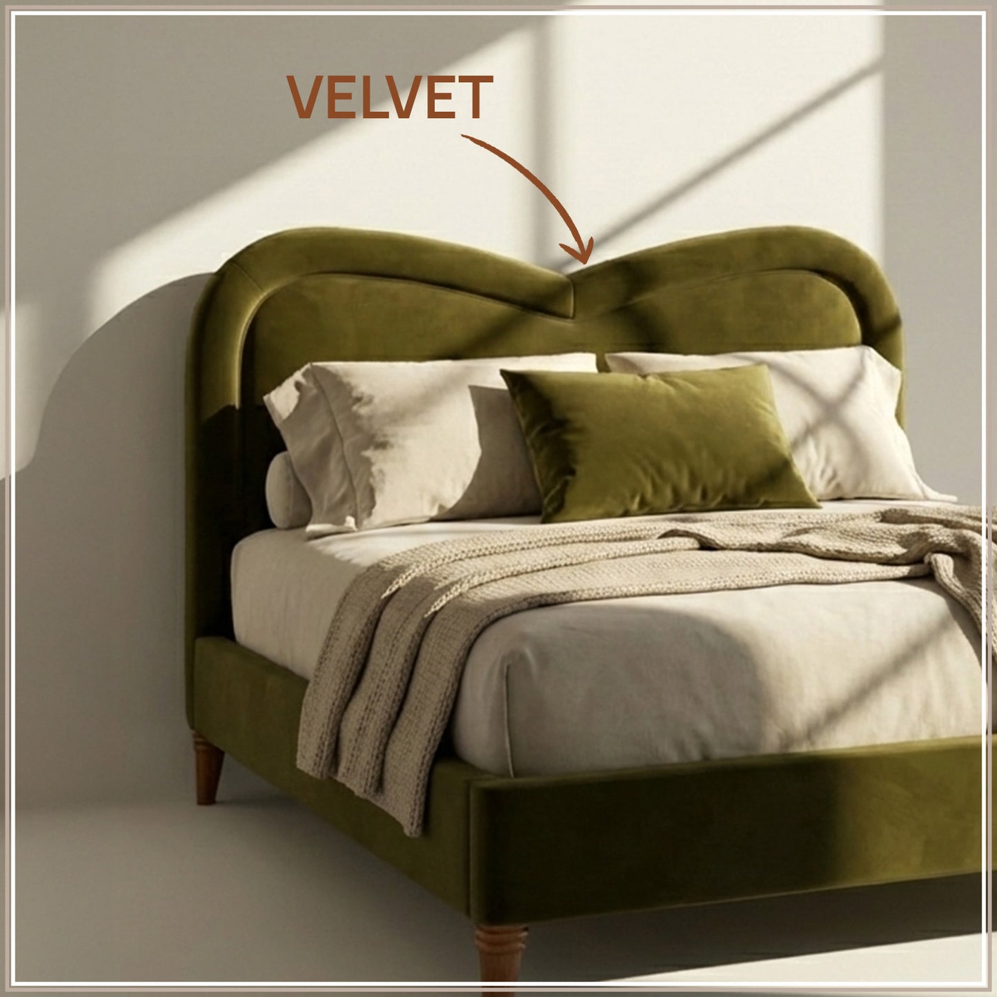 Elaris Curve Comfort King Size Bed in Olive velvet With Engineer Wood Frame & Hydraulic Storage