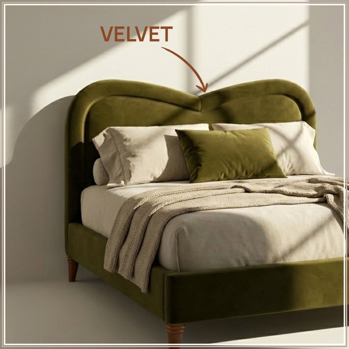 Elaris Curve Comfort Queen Size Bed in Olive Brown Velvet with Engineer Wood Frame & Hydraulic Storage