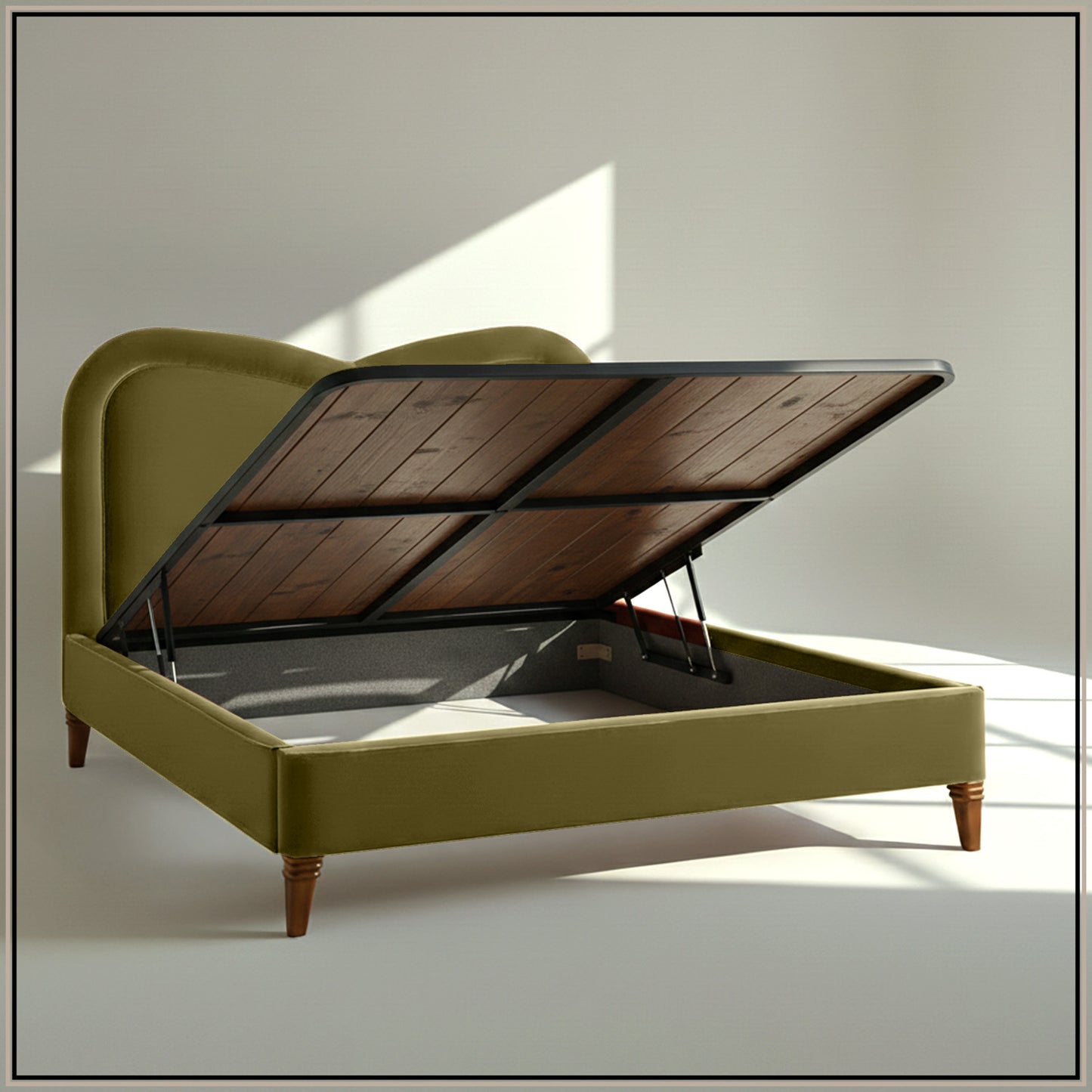 Elaris Curve Comfort Queen Size Bed in Olive Brown Velvet with Engineer Wood Frame & Hydraulic Storage